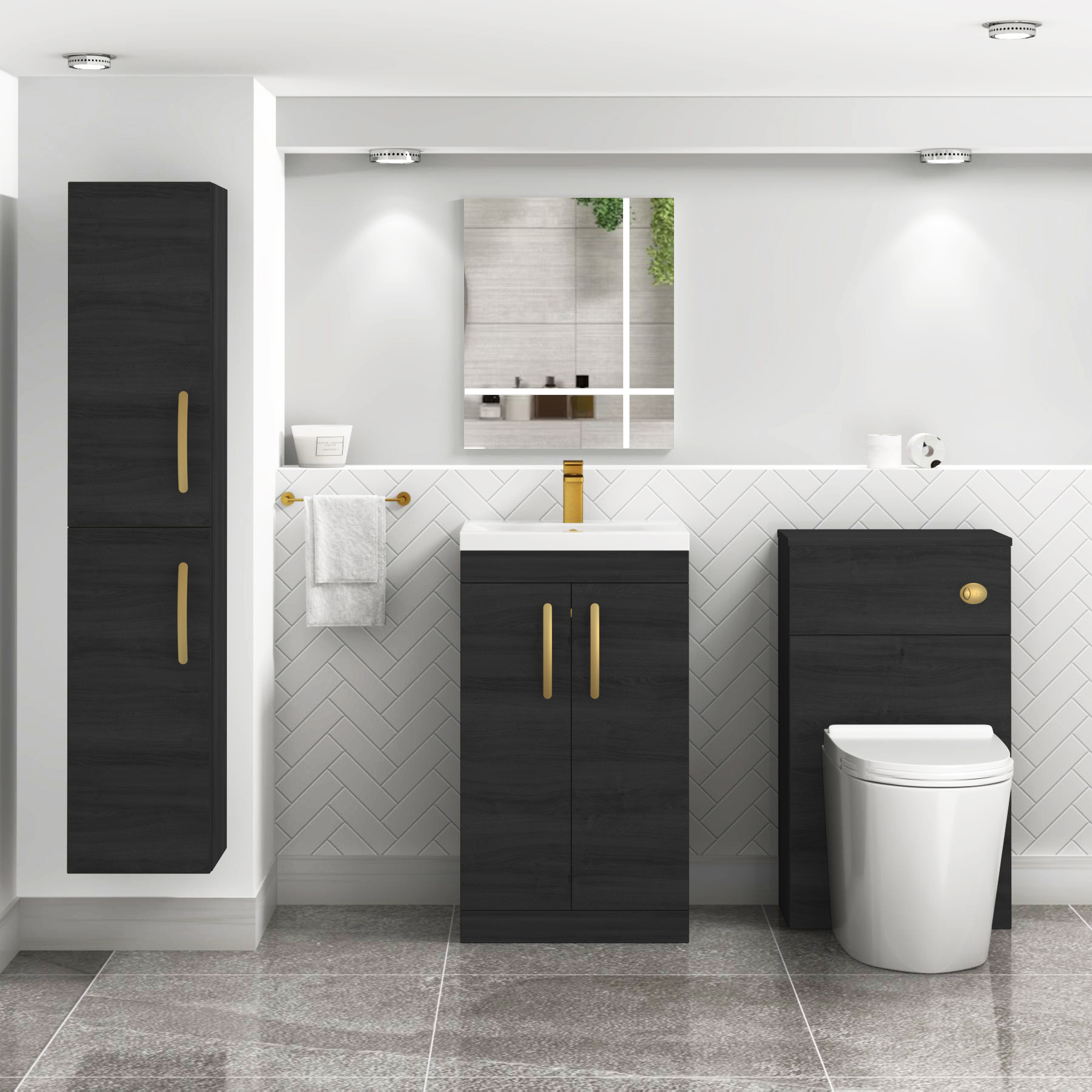 Turin 500mm Floor Standing Vanity Sink Unit Hale Black 2 Door - Mid-Edge with Brushed Brass Handle