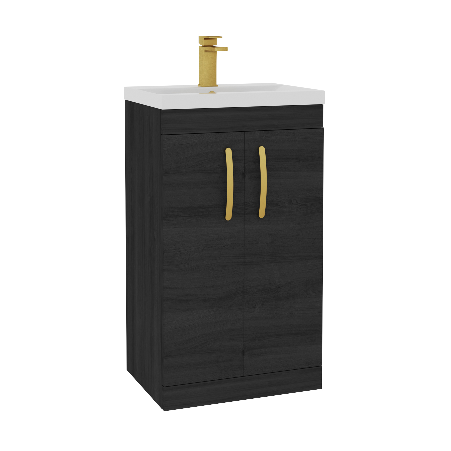 Turin 500mm Floor Standing Vanity Sink Unit Hale Black 2 Door - Mid-Edge with Brushed Brass Handle