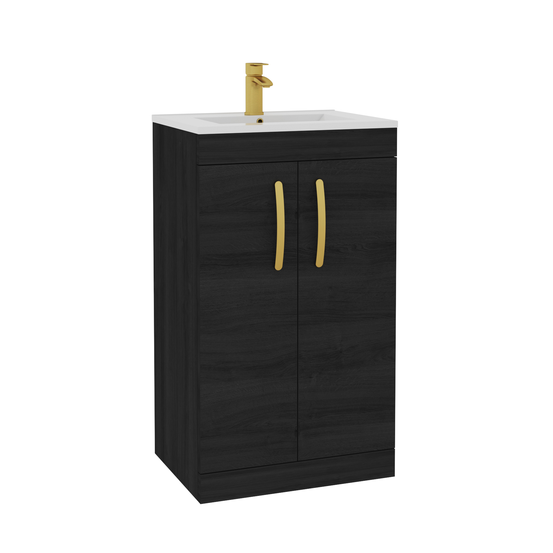 Turin 500mm Floor Standing Vanity Sink Unit Hale Black 2 Door - Minimalist with Brushed Brass Handle
