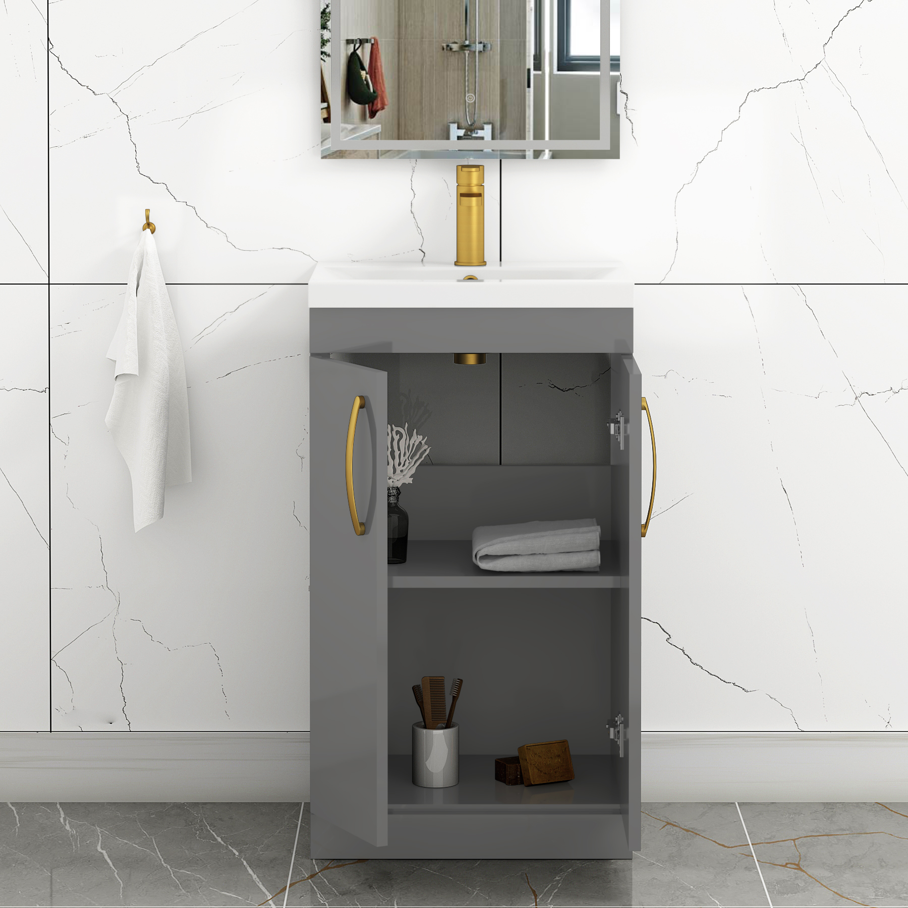 Turin 500mm Floor Standing Vanity Sink Unit Indigo Grey Gloss 2 Door - Mid-Edge with Brushed Brass Handle