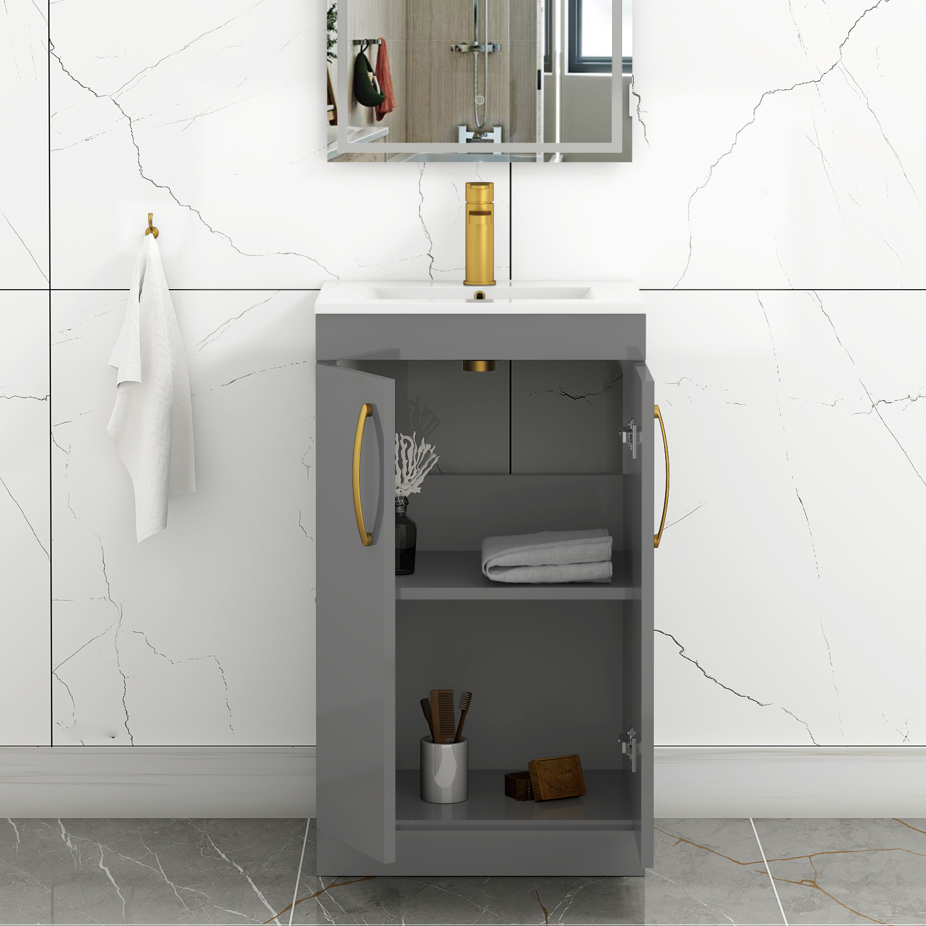 Turin 500mm Floor Standing Vanity Sink Unit Indigo Grey Gloss 2 Door - Minimalist with Brushed Brass Handle
