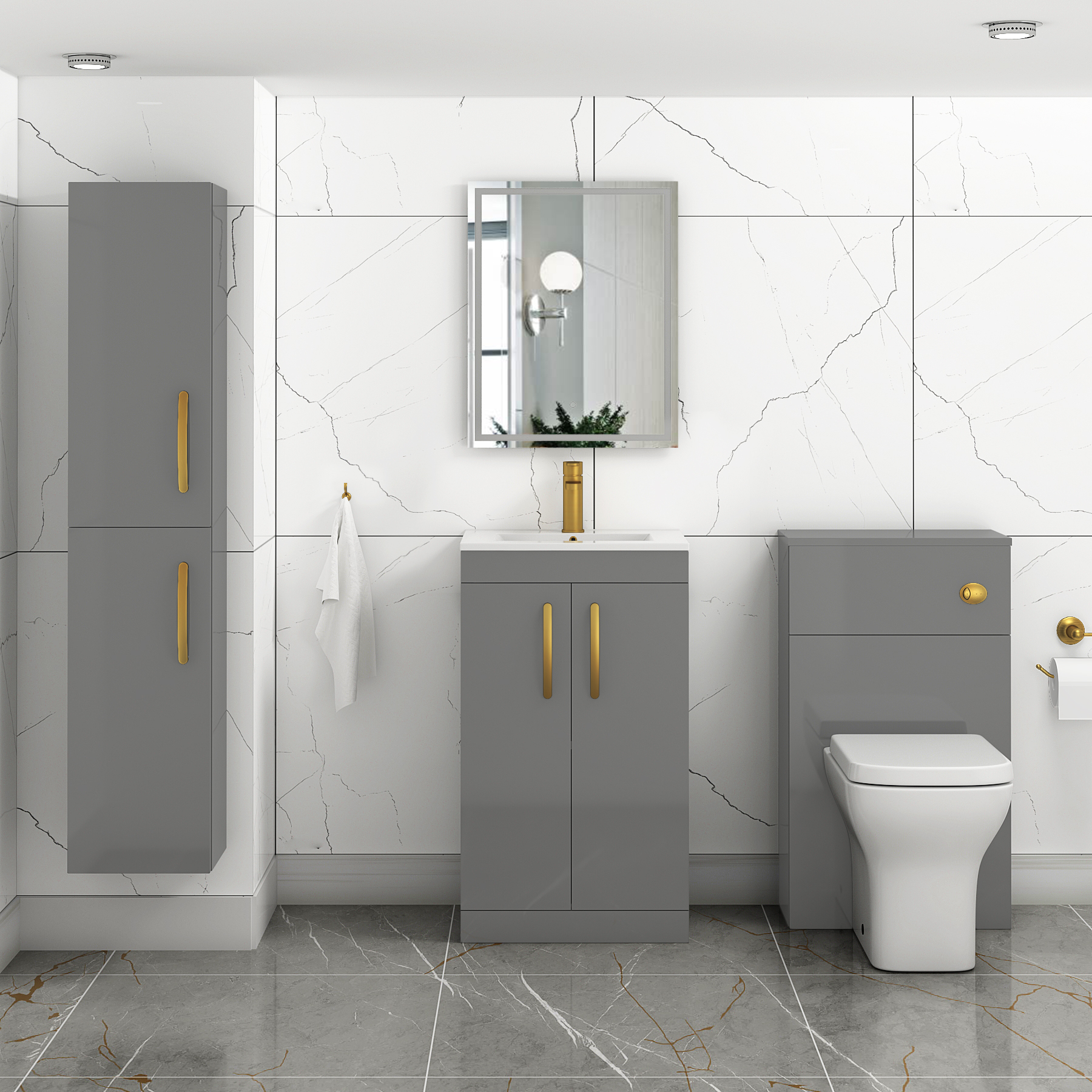 Turin 500mm Floor Standing Vanity Sink Unit Indigo Grey Gloss 2 Door - Minimalist with Brushed Brass Handle