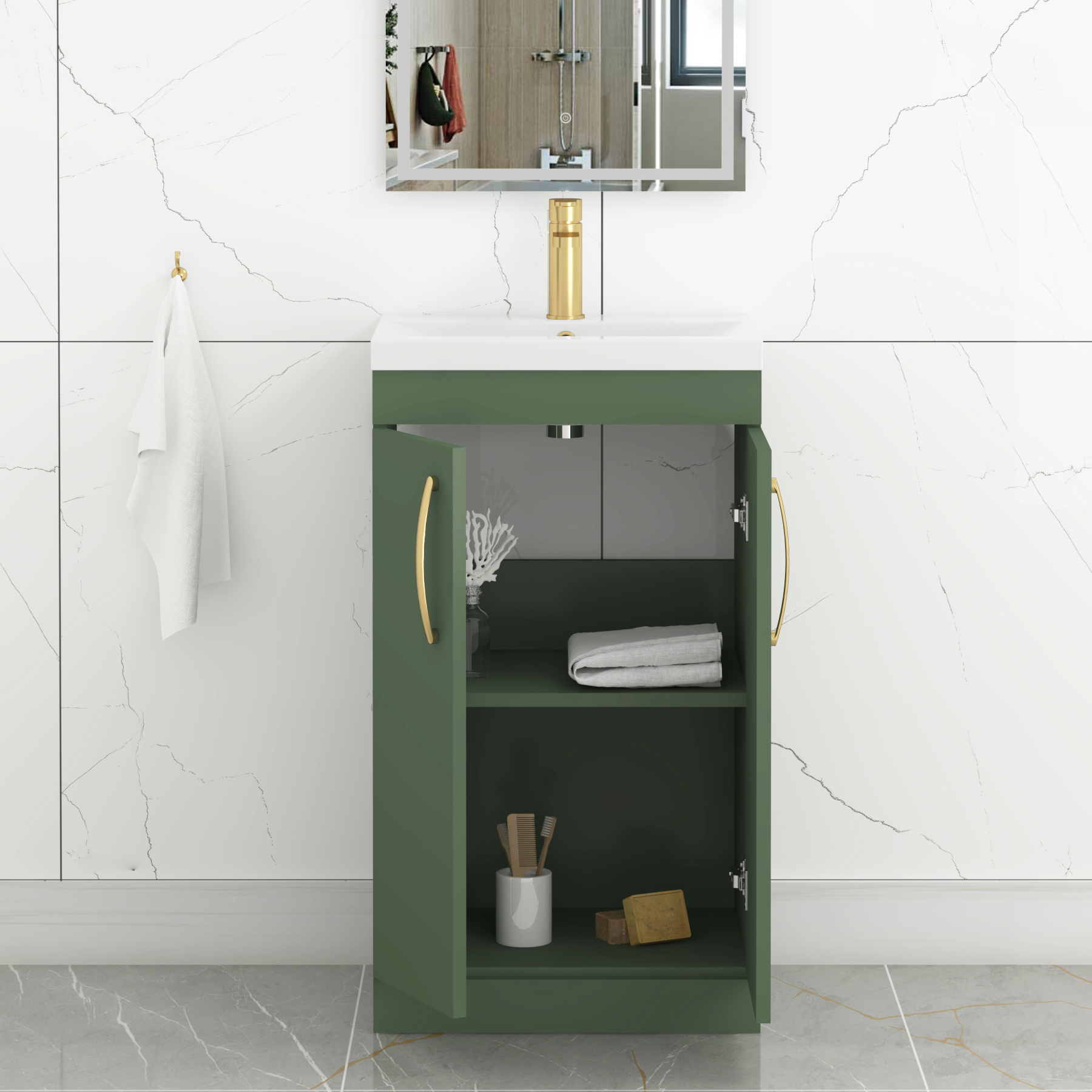 Turin 500mm Floor Standing Vanity Sink Unit Matt Green 2 Door Mid-Edge Basin with Brushed Brass Handles