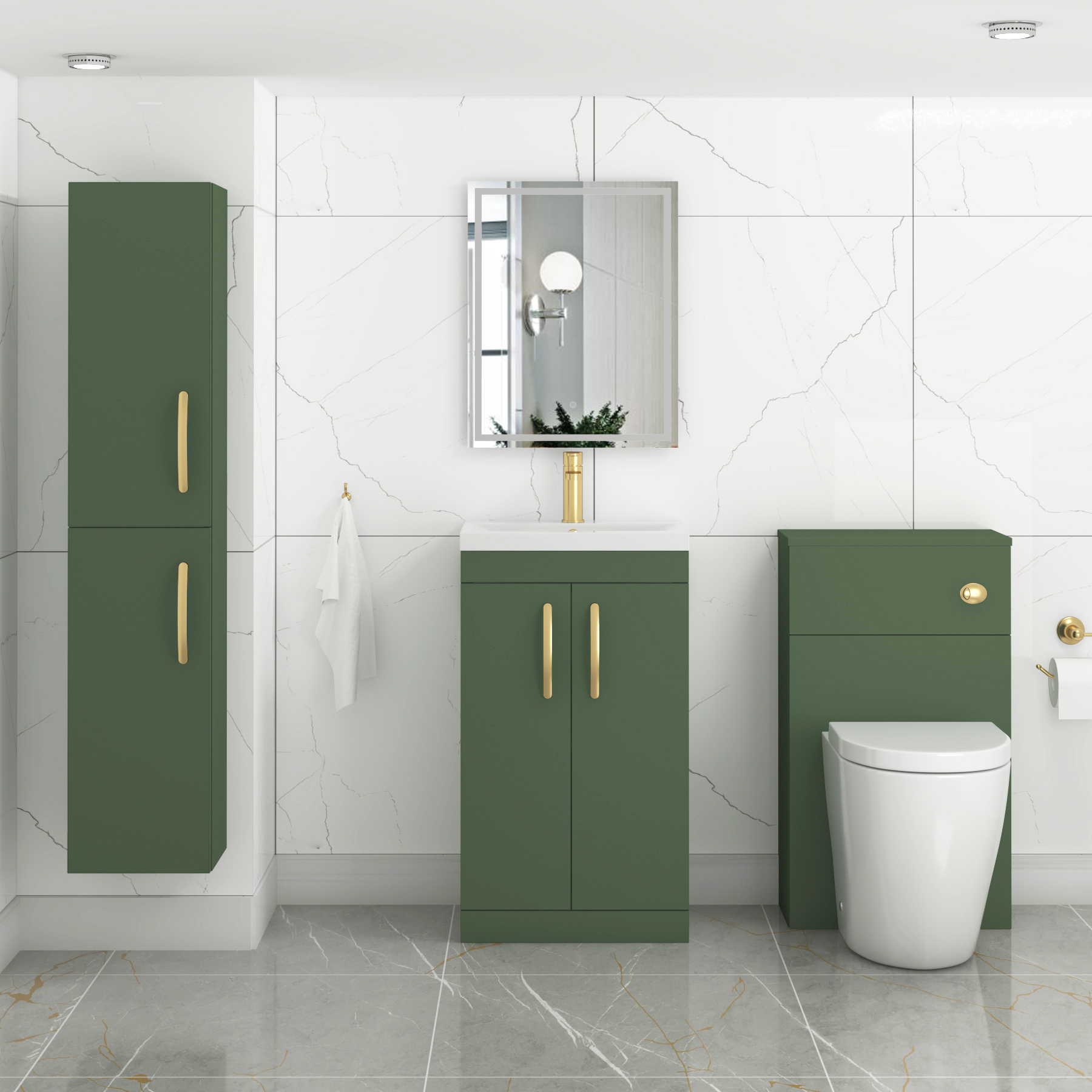 Turin 500mm Floor Standing Vanity Sink Unit Matt Green 2 Door Mid-Edge Basin with Brushed Brass Handles