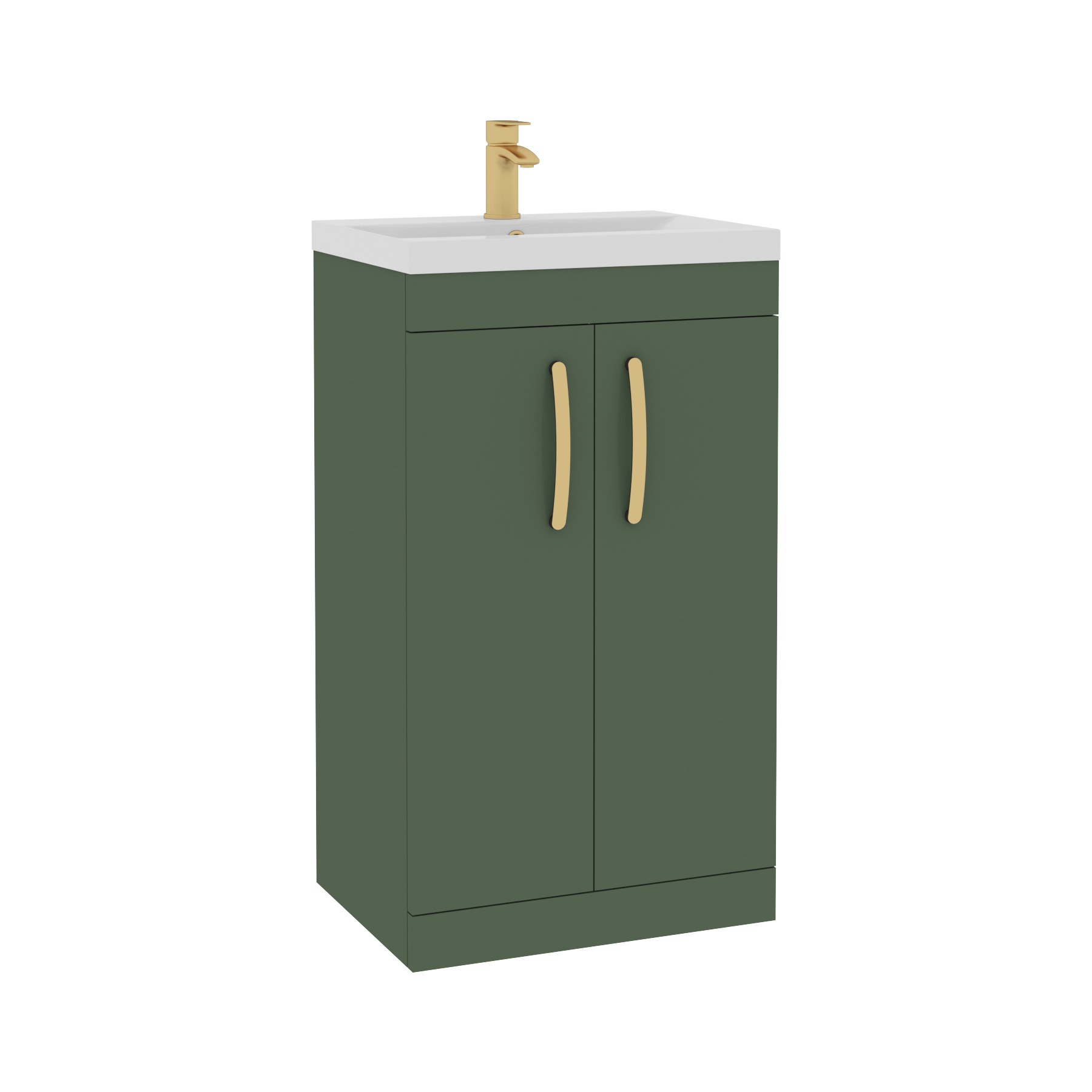 Turin 500mm Floor Standing Vanity Sink Unit Matt Green 2 Door Mid-Edge Basin with Brushed Brass Handles
