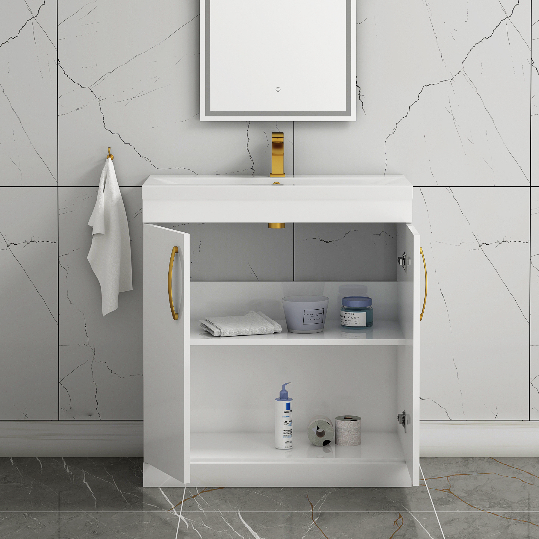 Turin 800mm Floor Standing Vanity Sink Unit Gloss White 2 Door - Mid-Edge with Brushed Brass Handle