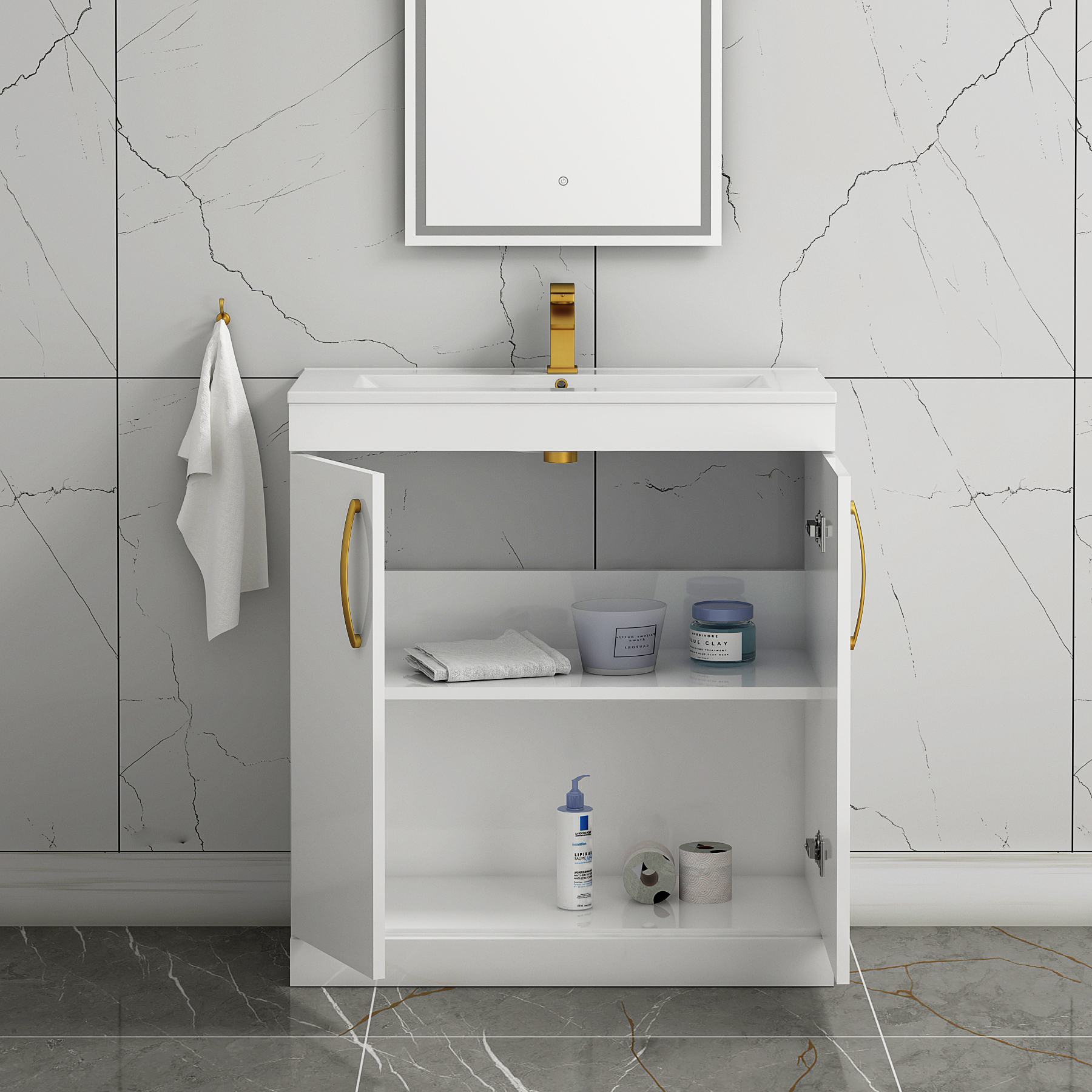 Turin 800mm Floor Standing Vanity Sink Unit Gloss White 2 Door - Minimalist with Brushed Brass Handle