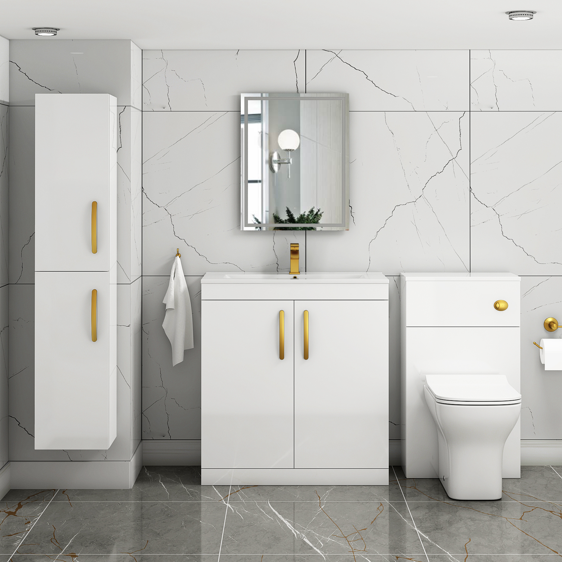 Turin 800mm Floor Standing Vanity Sink Unit Gloss White 2 Door - Minimalist with Brushed Brass Handle
