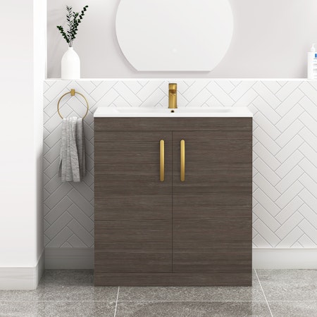 Turin 800mm Floor Standing Vanity Sink Unit Grey Elm 2 Door - Minimalist Basin with Brushed Brass Handle