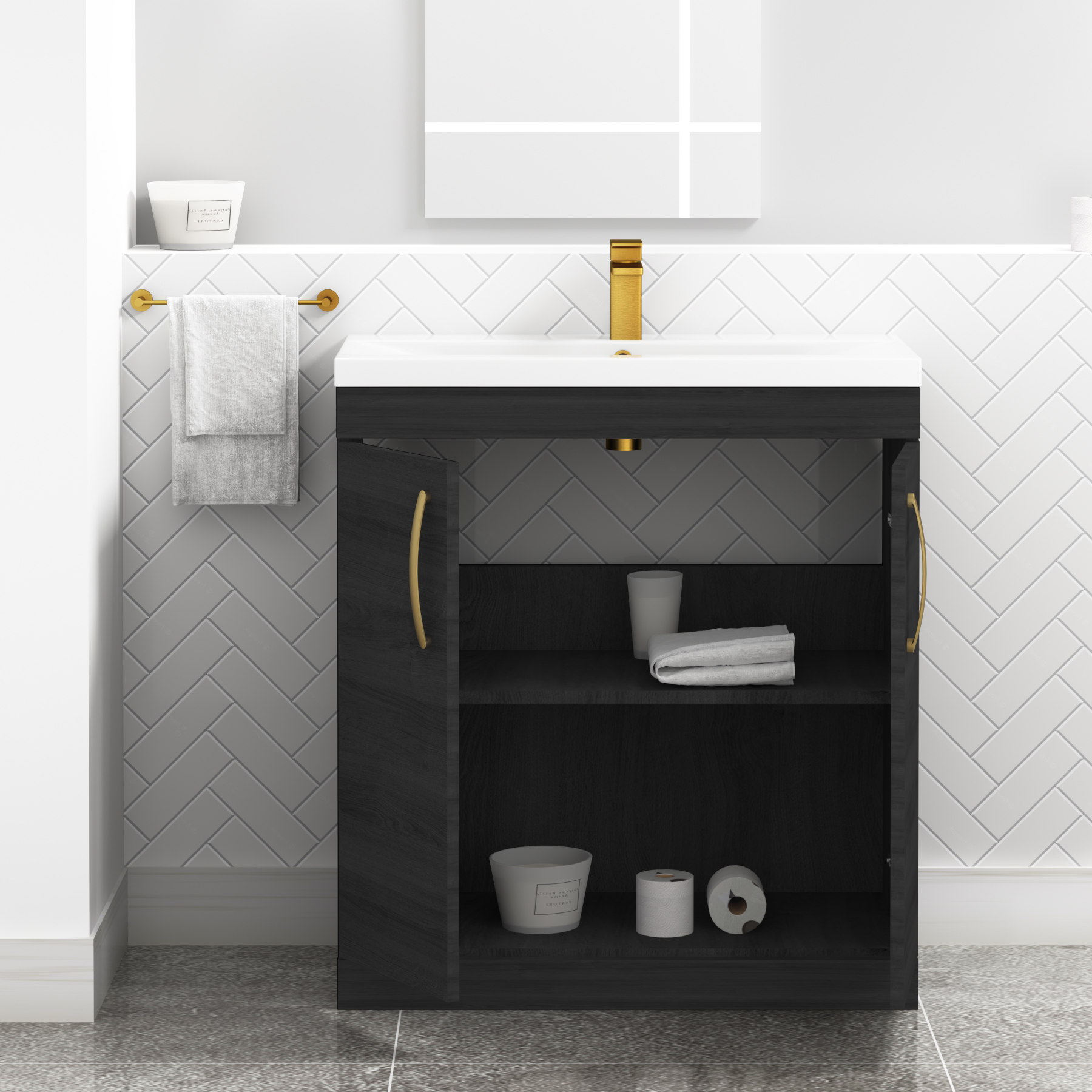 Turin Hale Black Free Standing Vanity Unit Mid-Edge Basin 2 Door - 800mm with Brushed Brass Handle
