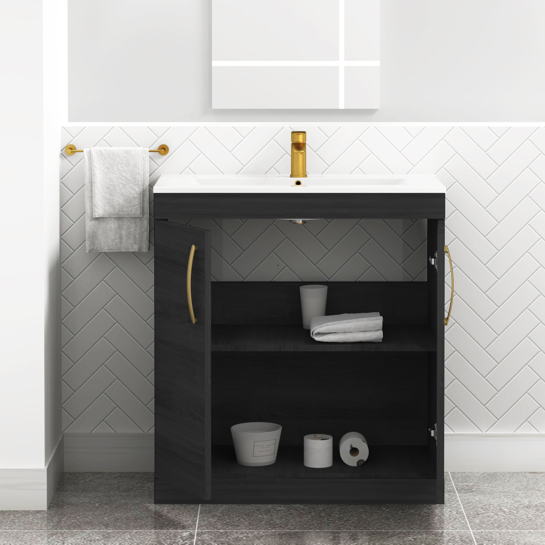Turin 800mm Free Standing Minimalist Basin Vanity Unit Hale Black 2 Door with Brushed Brass Handle