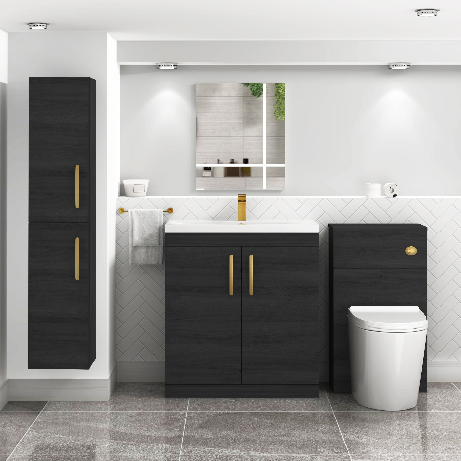 Turin Hale Black Free Standing Vanity Unit Mid-Edge Basin 2 Door - 800mm with Brushed Brass Handle