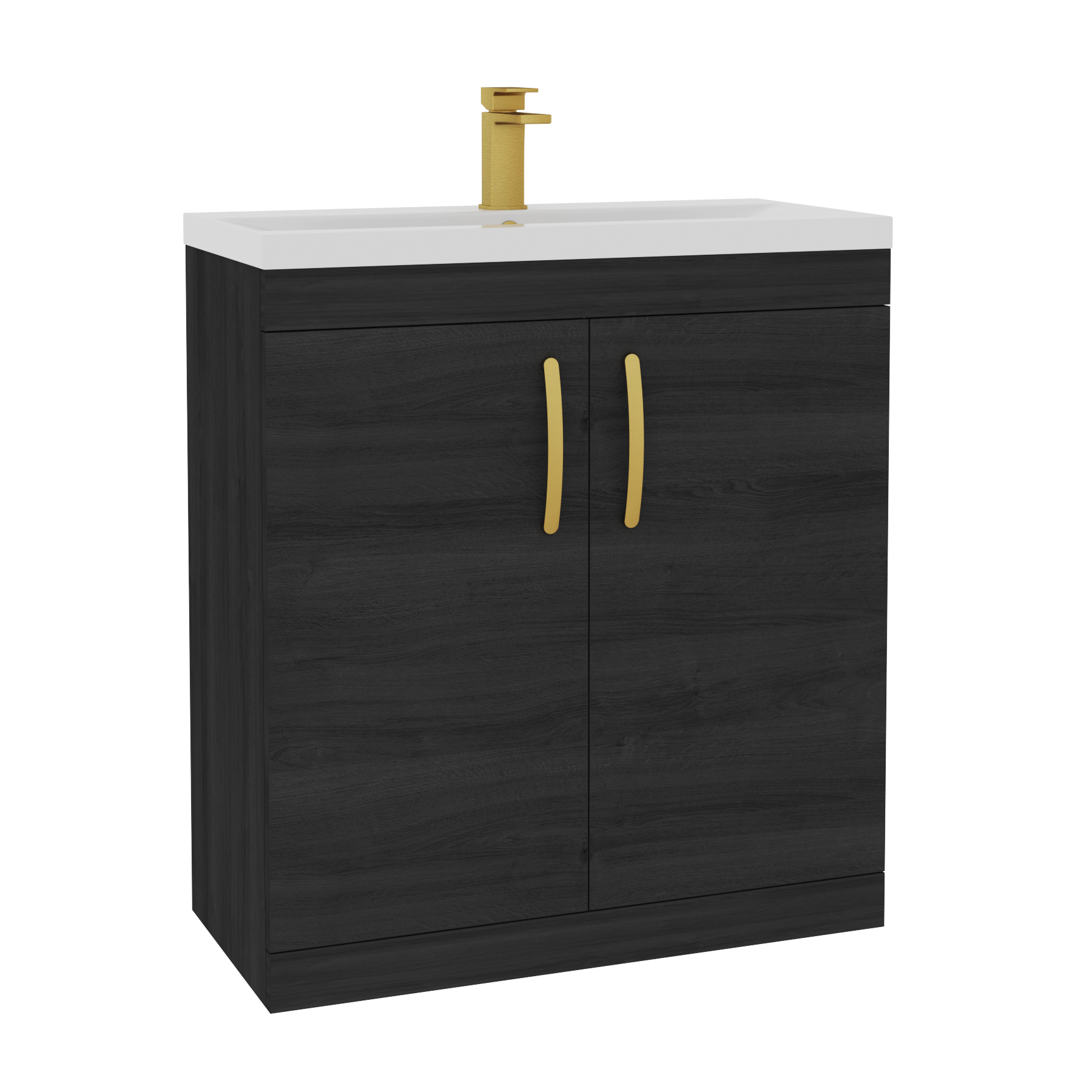 Turin Hale Black Free Standing Vanity Unit Mid-Edge Basin 2 Door - 800mm with Brushed Brass Handle