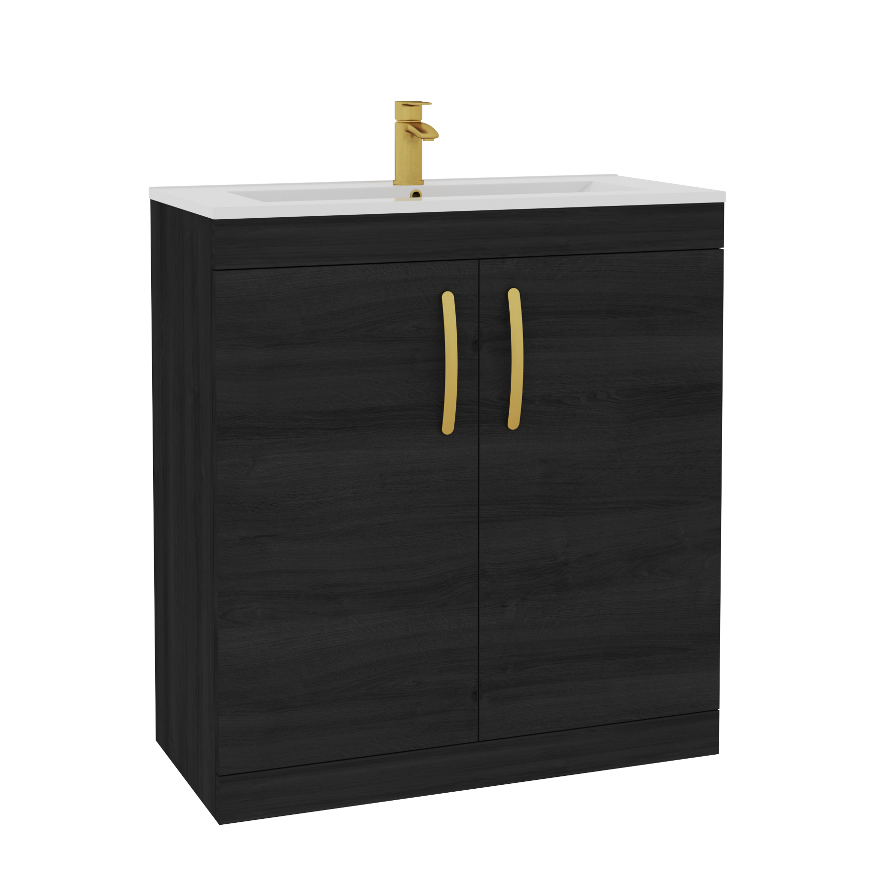 Turin 800mm Free Standing Minimalist Basin Vanity Unit Hale Black 2 Door with Brushed Brass Handle