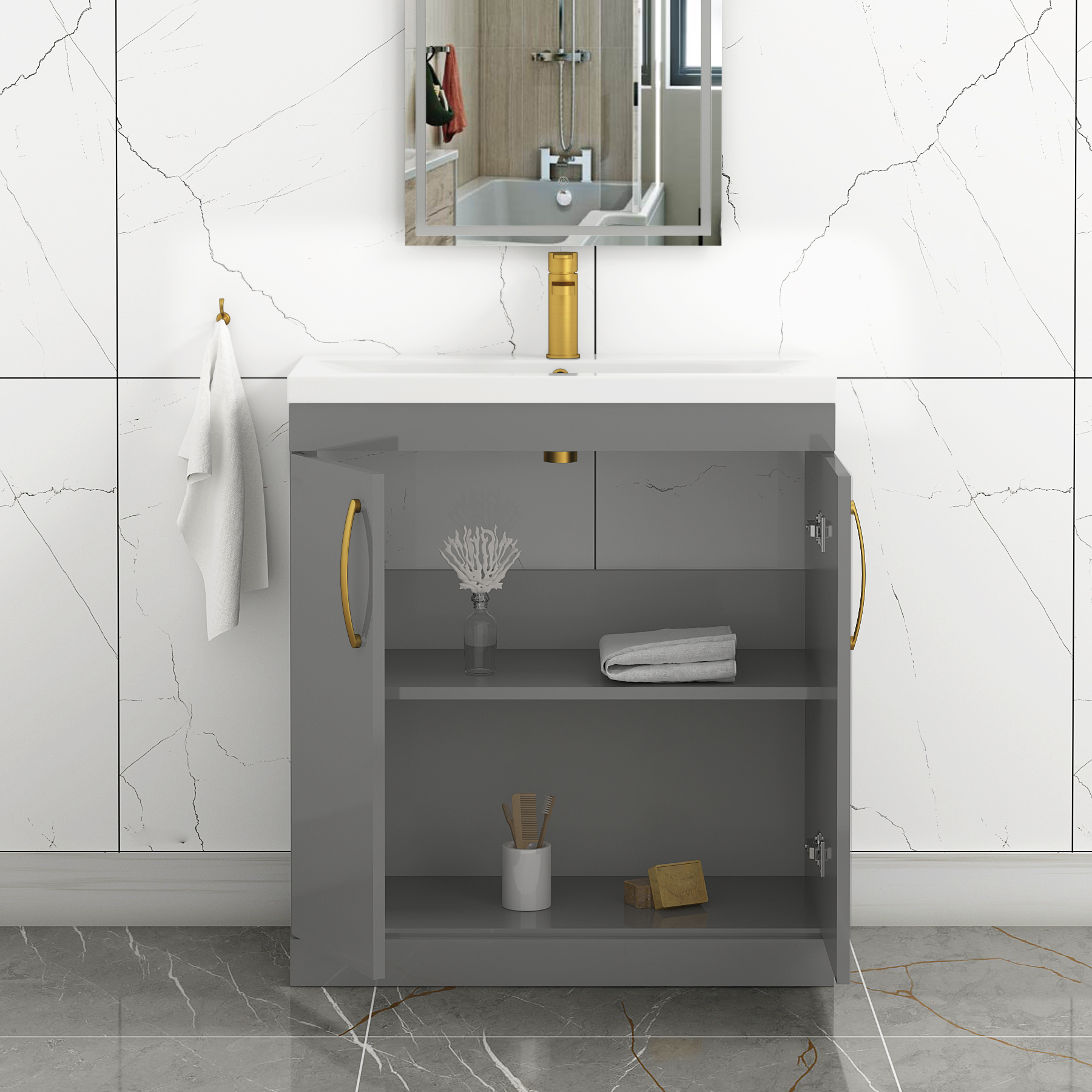Turin 800mm Floor Standing Vanity Unit Indigo Grey Gloss 2 Door Mid-Edge with Brushed Brass Handle