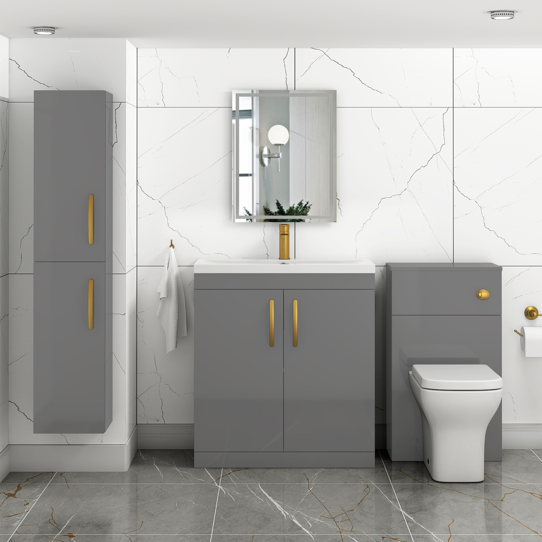Turin 800mm Floor Standing Vanity Unit Indigo Grey Gloss 2 Door Mid-Edge with Brushed Brass Handle