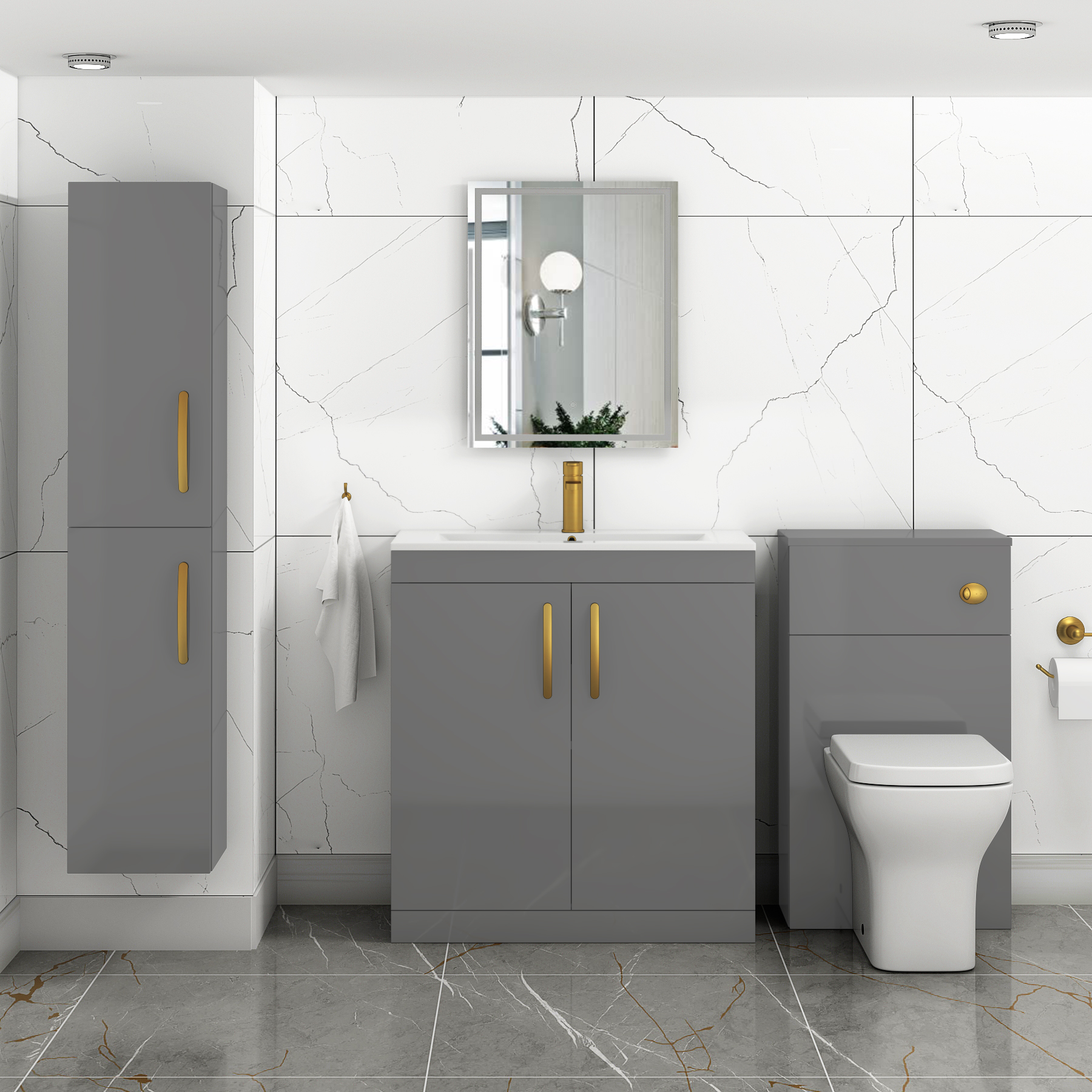 Turin 800mm Floor Standing Vanity Unit Indigo Grey Gloss 2 Door Minimalist with Brushed Brass Handle