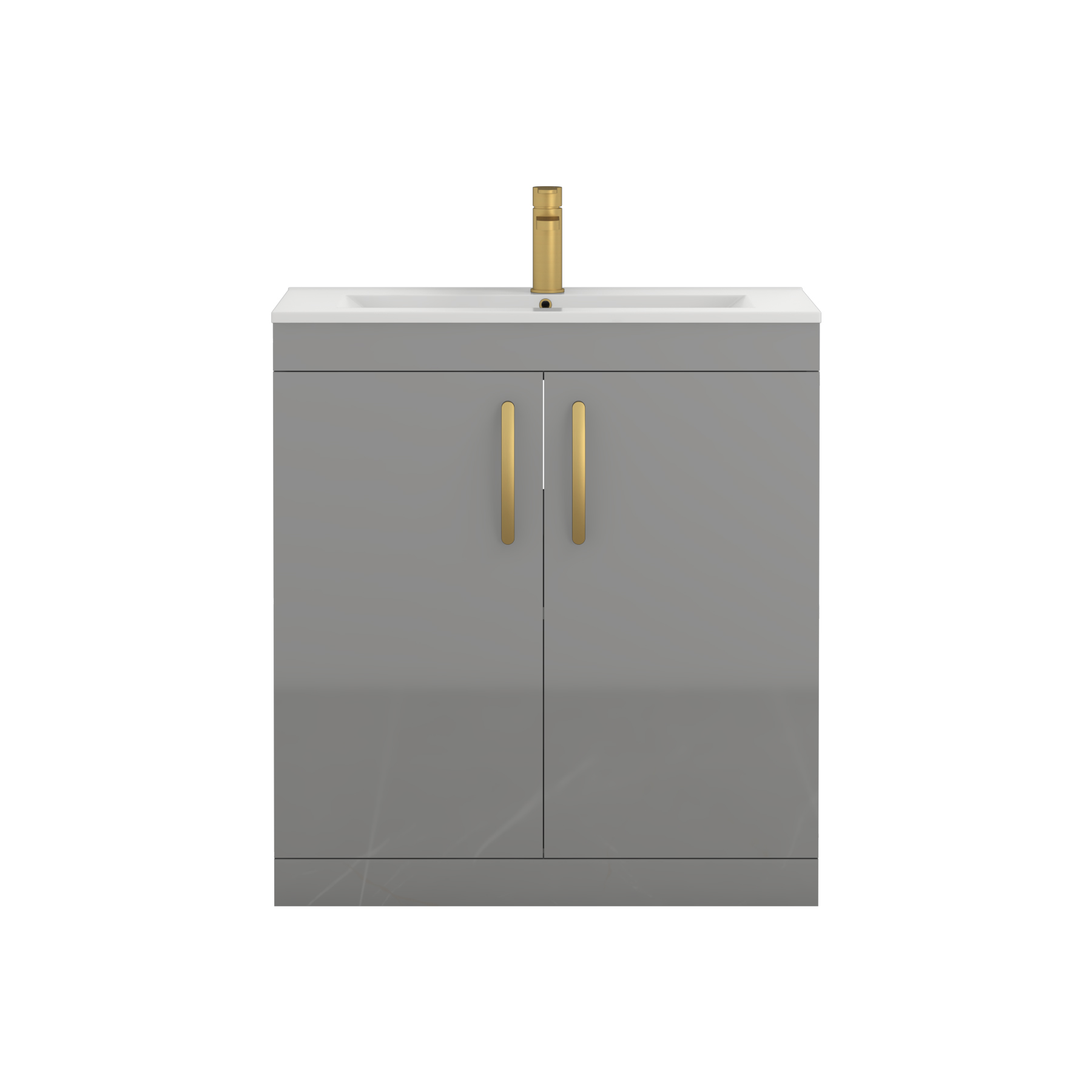 Turin 800mm Floor Standing Vanity Unit Indigo Grey Gloss 2 Door Minimalist with Brushed Brass Handle