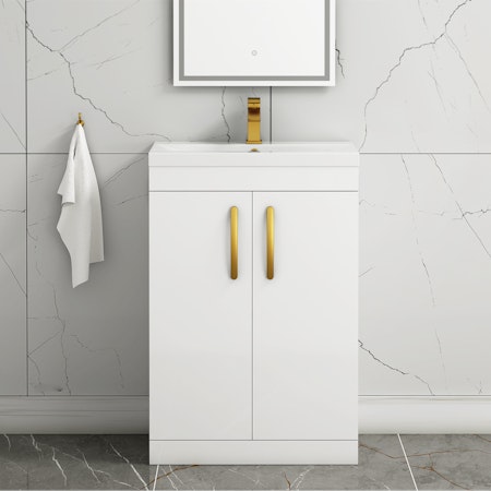Turin 600mm Floor Standing Vanity Sink Unit Gloss White 2 Door - Mid-Edge with Brushed Brass Handle
