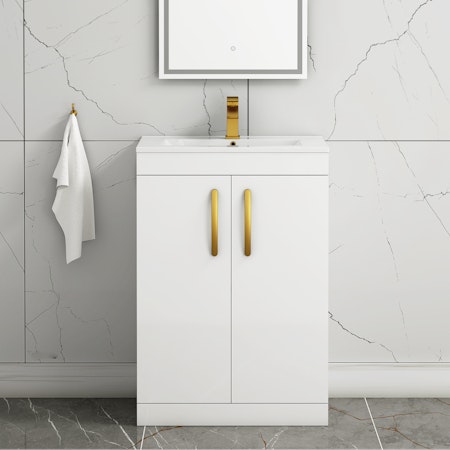 Turin 600mm Floor Standing Vanity Sink Unit Gloss White 2 Door - Minimalist with Brushed Brass Handle