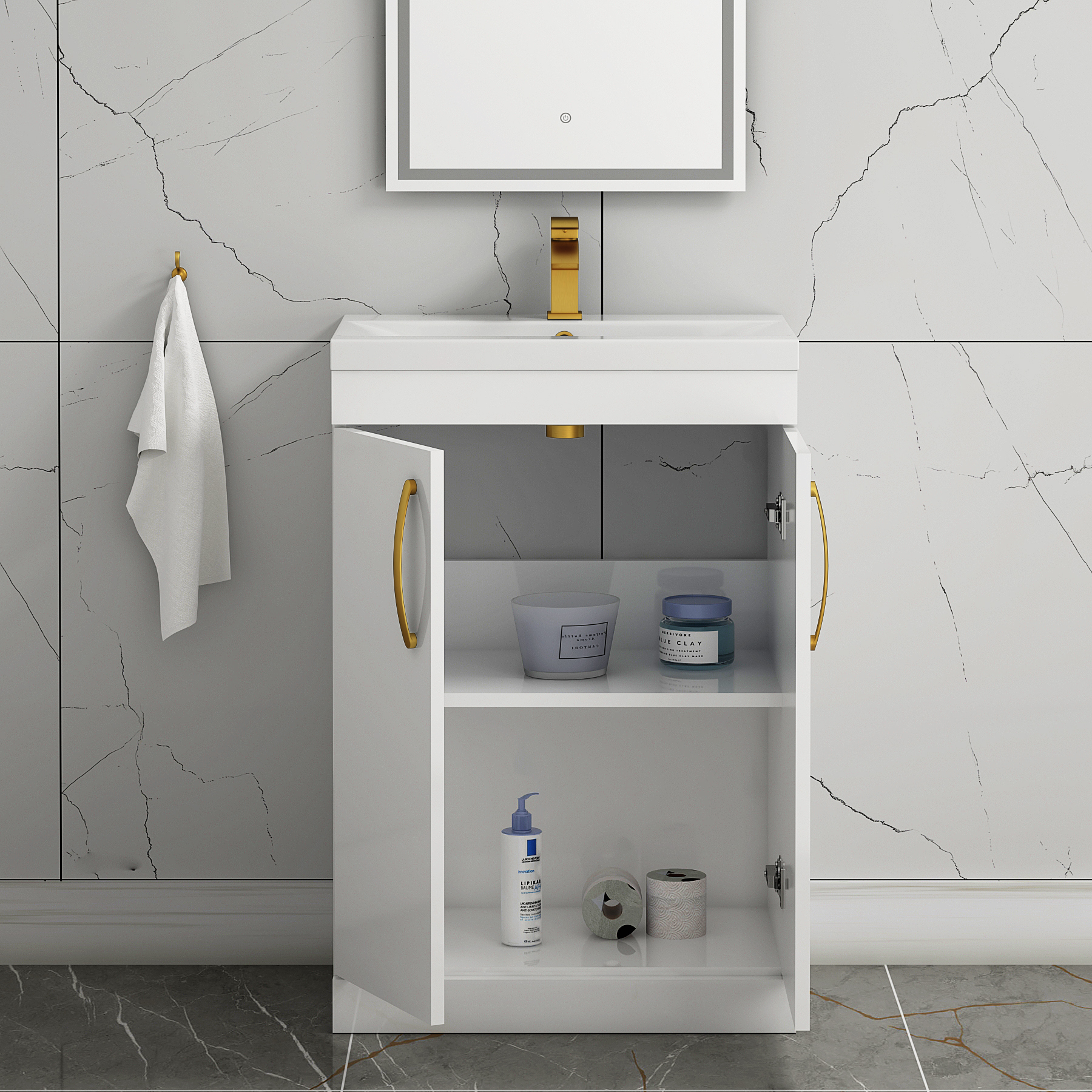 Turin 600mm Floor Standing Vanity Sink Unit Gloss White 2 Door - Mid-Edge with Brushed Brass Handle