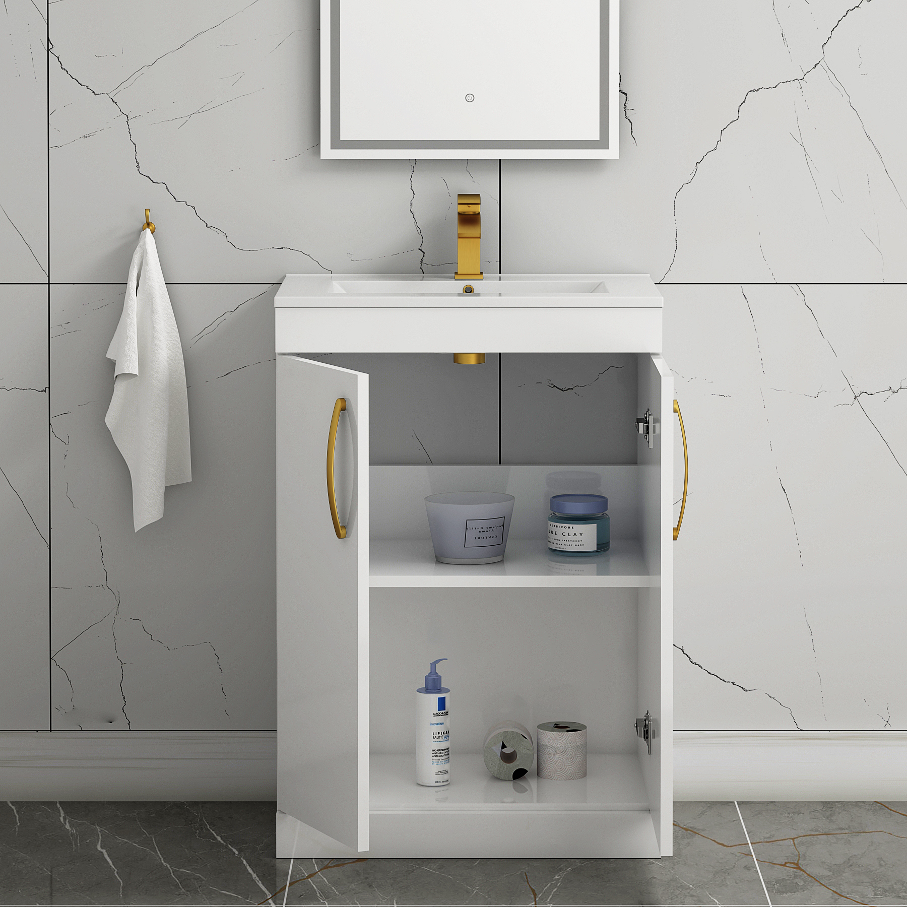 Turin 600mm Floor Standing Vanity Sink Unit Gloss White 2 Door - Minimalist with Brushed Brass Handle