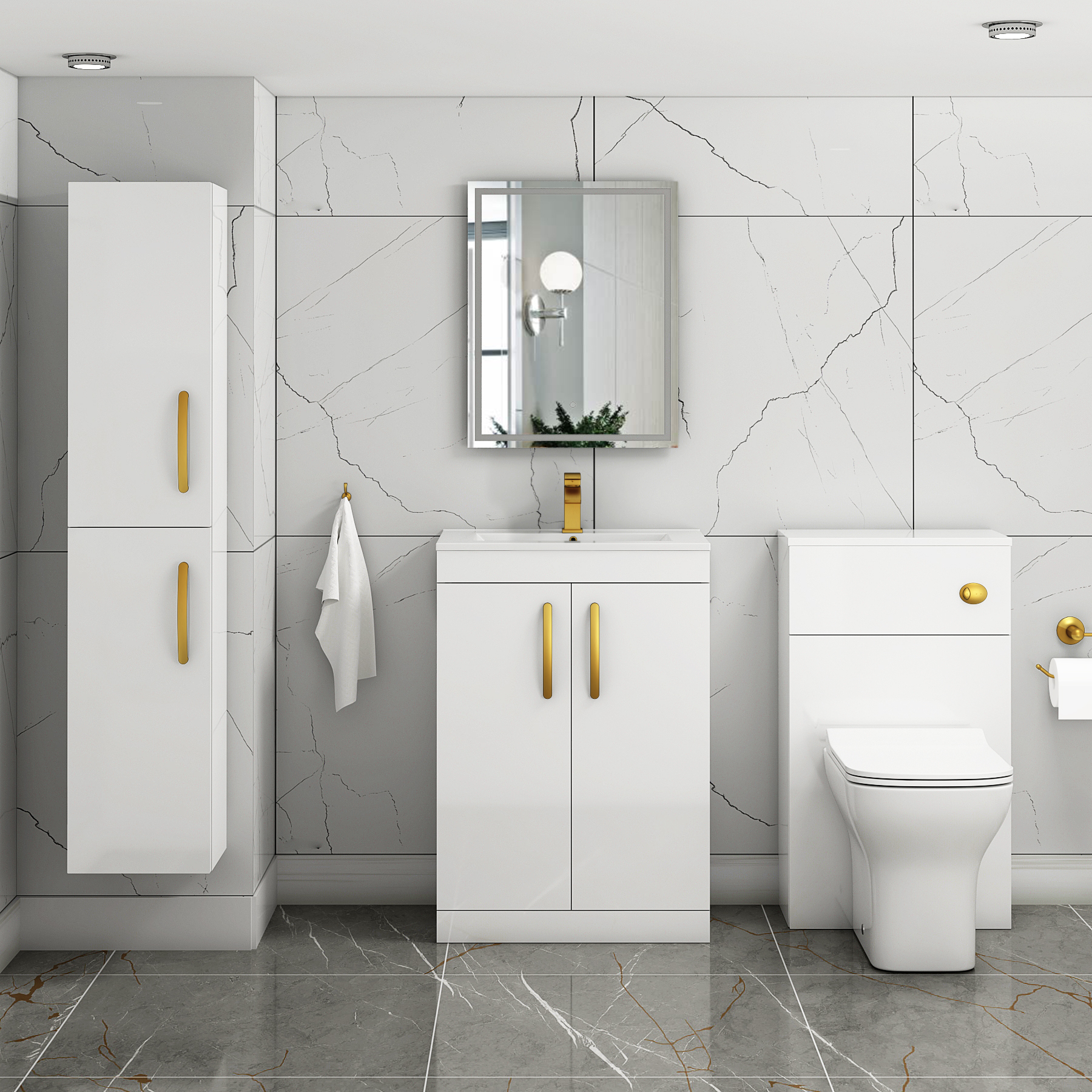 Turin 600mm Floor Standing Vanity Sink Unit Gloss White 2 Door - Minimalist with Brushed Brass Handle