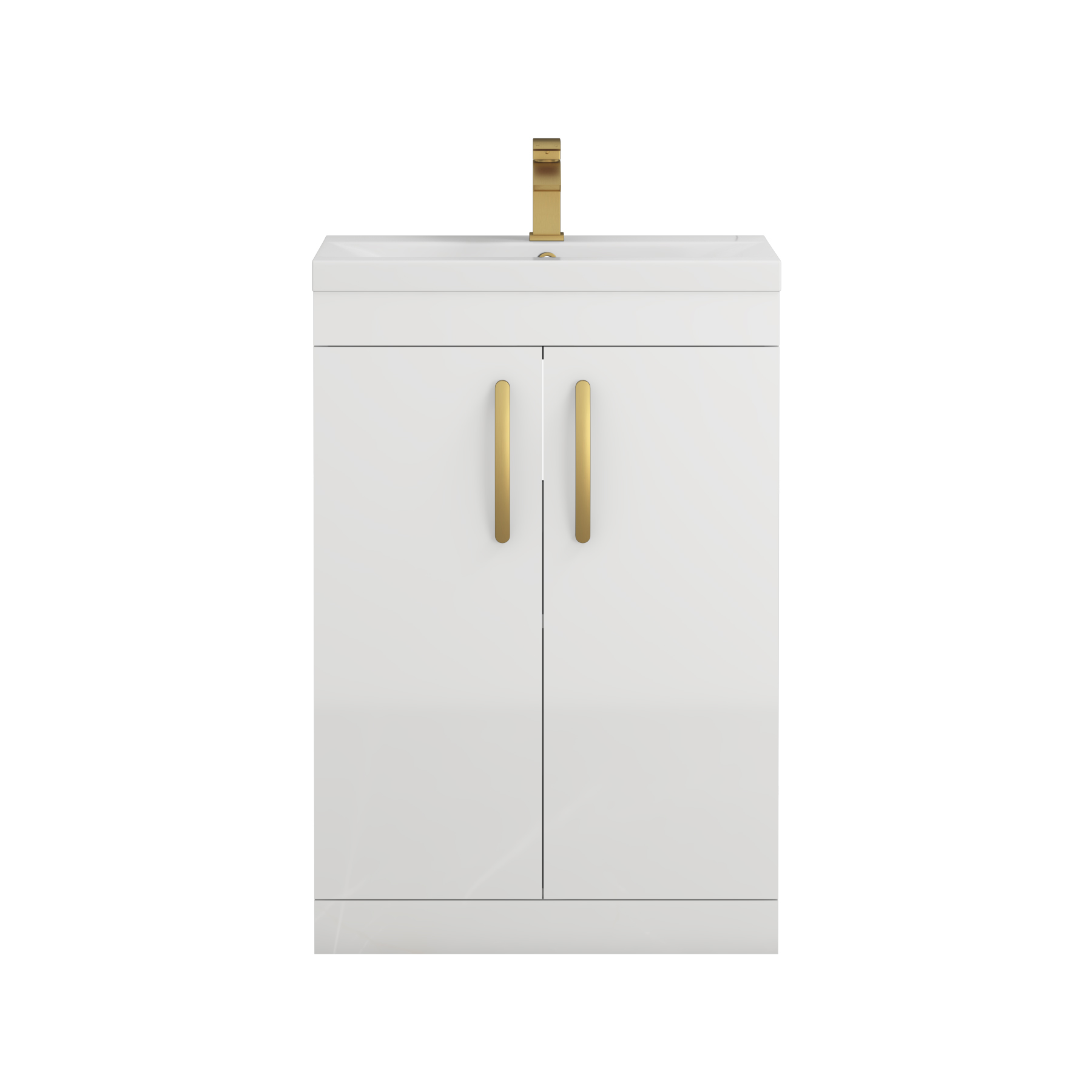 Turin 600mm Floor Standing Vanity Sink Unit Gloss White 2 Door - Mid-Edge with Brushed Brass Handle