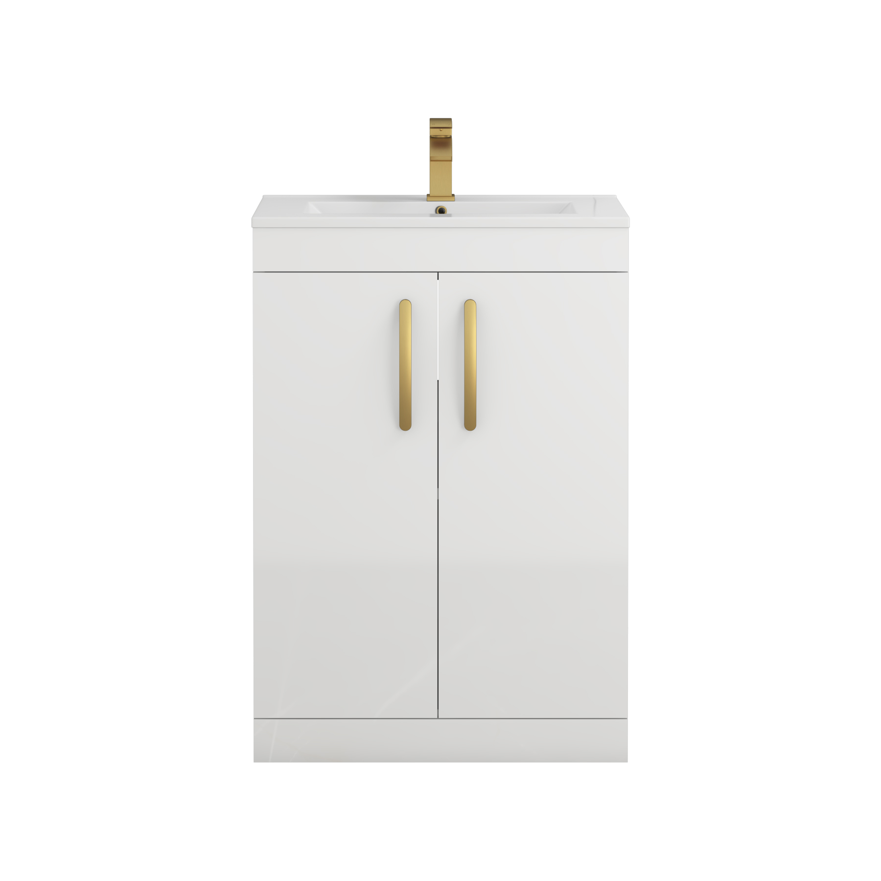 Turin 600mm Floor Standing Vanity Sink Unit Gloss White 2 Door - Minimalist with Brushed Brass Handle