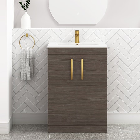 Turin 600mm Floor Standing Vanity Sink Unit Grey Elm 2 Door - Minimalist with Brushed Brass Handle