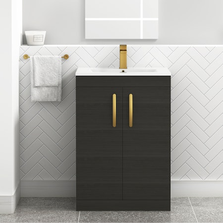 Turin 600mm Floor Standing Vanity Sink Unit Hale Black 2 Door - Minimalist with Brushed Brass Handle
