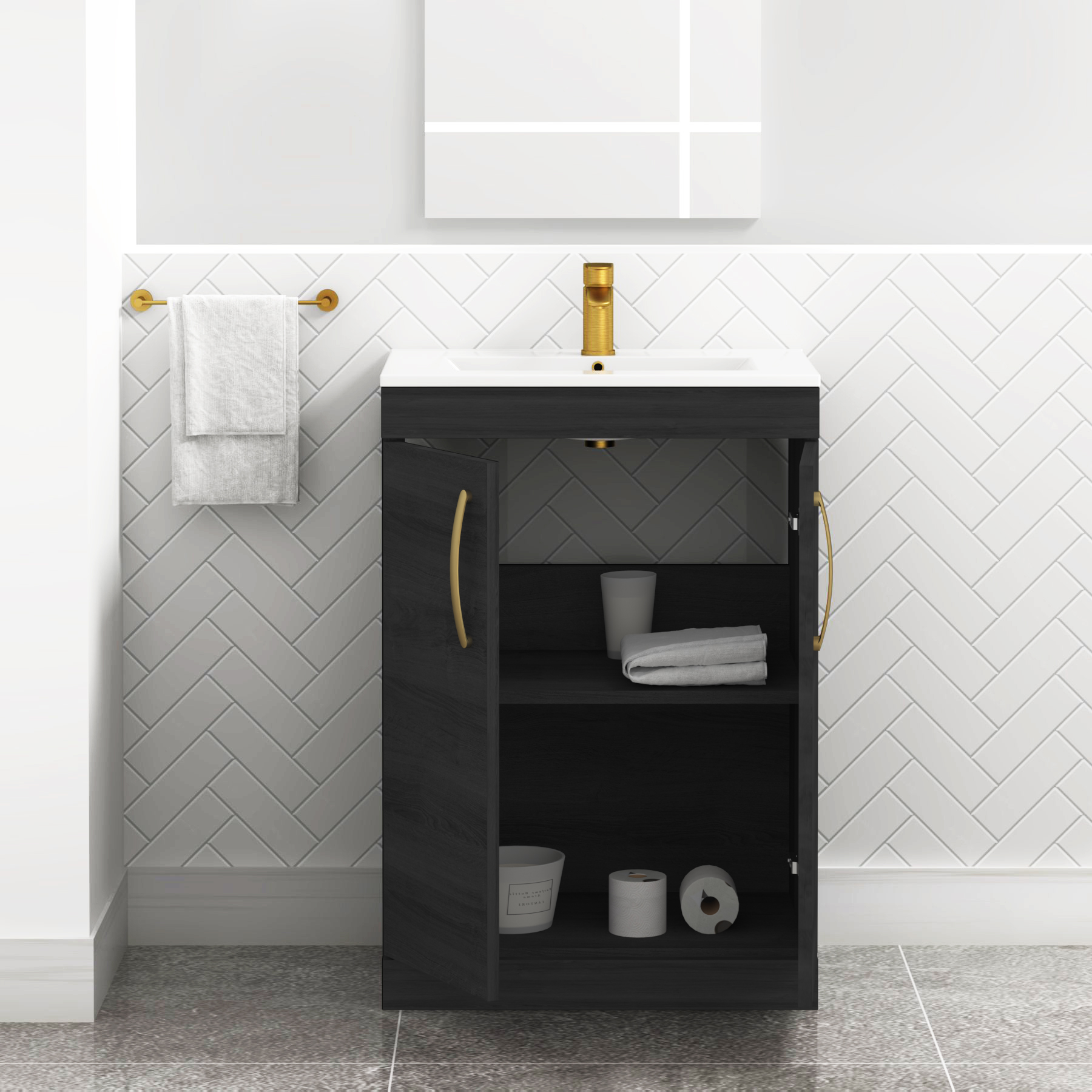 Turin 600mm Floor Standing Vanity Sink Unit Hale Black 2 Door - Minimalist with Brushed Brass Handle