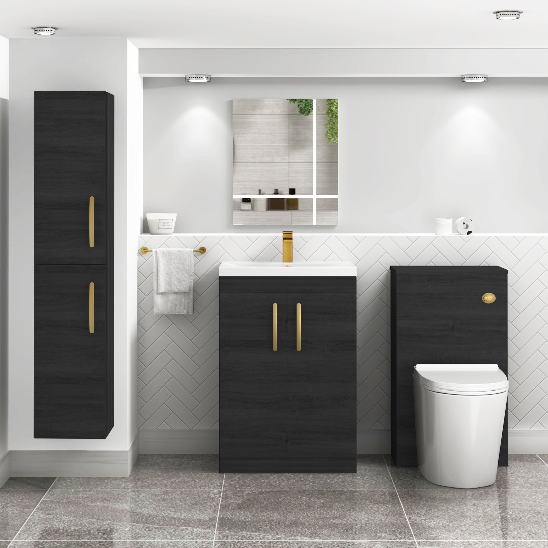 Turin 600mm Floor Standing Vanity Sink Unit Hale Black 2 Door - Mid-Edge with Brushed Brass Handle