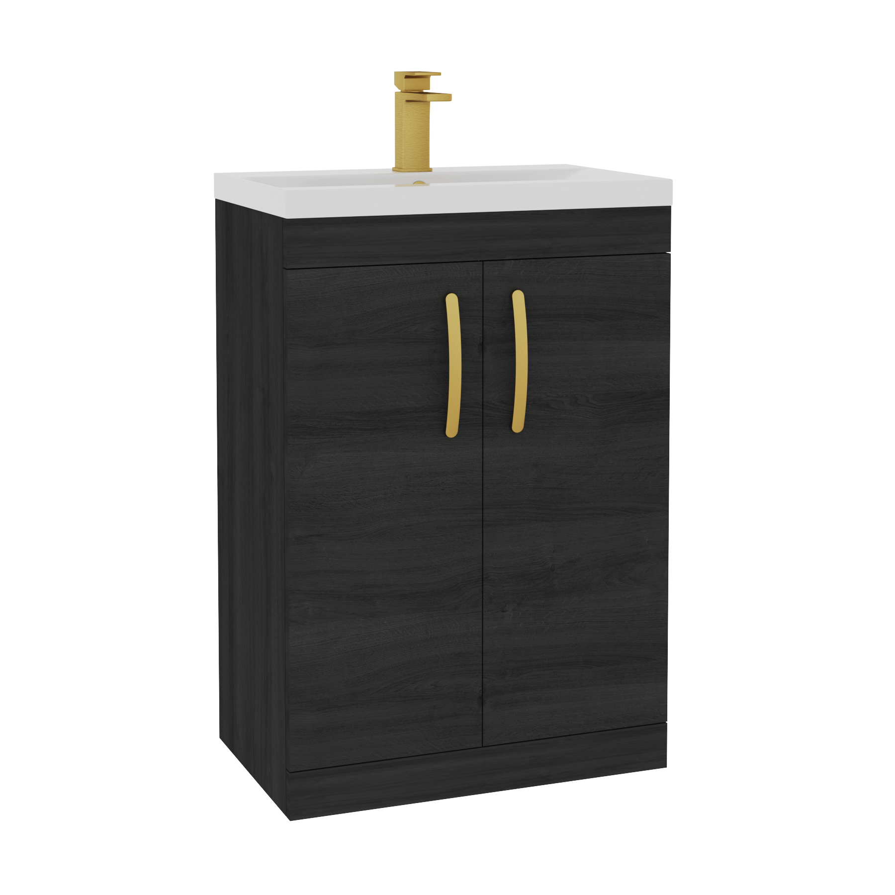 Turin 600mm Floor Standing Vanity Sink Unit Hale Black 2 Door - Mid-Edge with Brushed Brass Handle