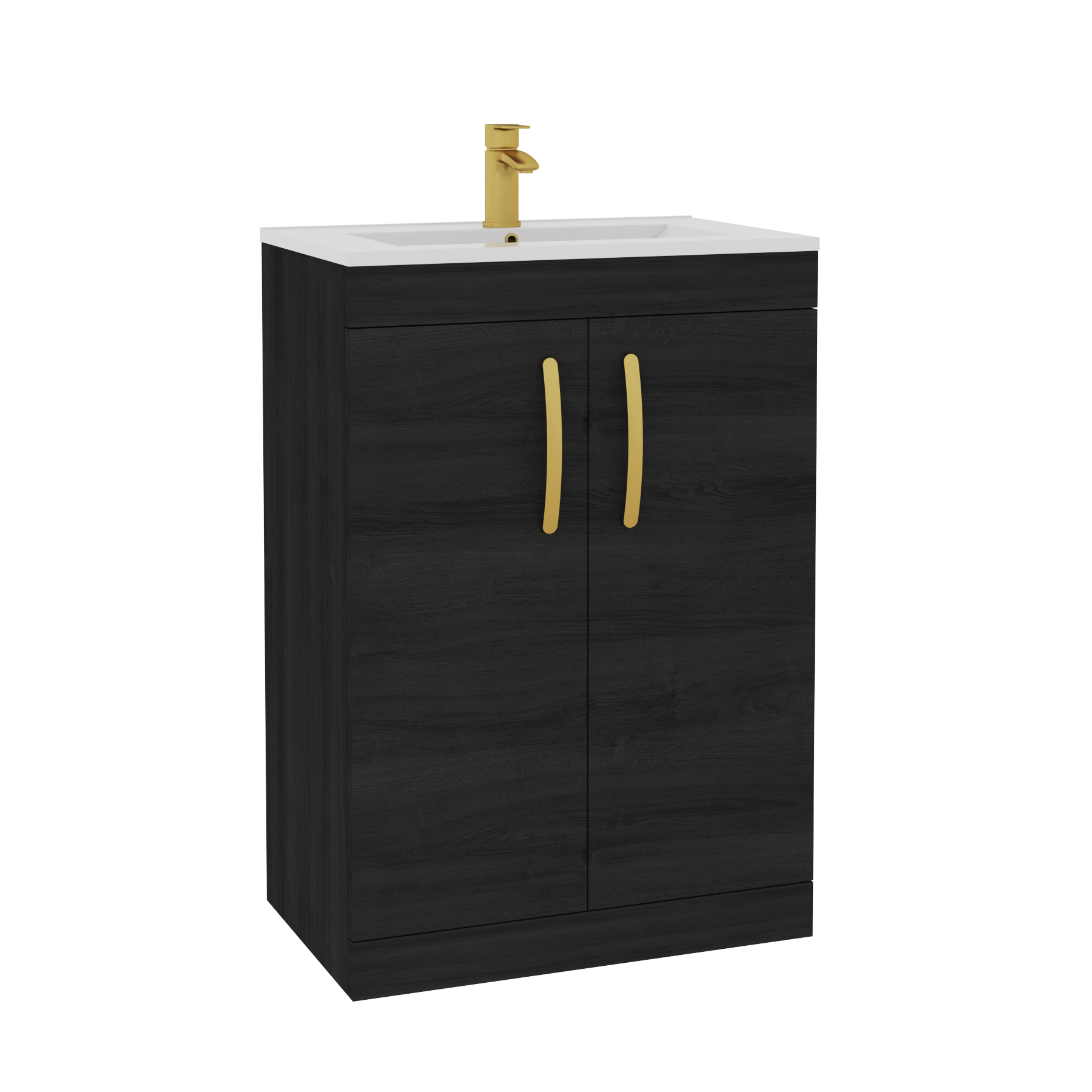 Turin 600mm Floor Standing Vanity Sink Unit Hale Black 2 Door - Minimalist with Brushed Brass Handle