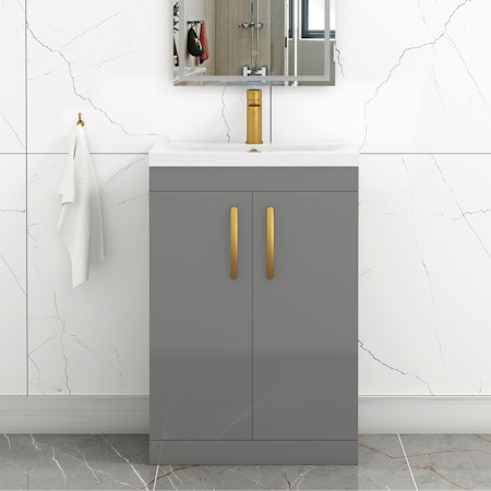 Turin 600mm Floor Standing Vanity Sink Unit Indigo Grey Gloss 2 Door - Minimalist with Brushed Brass Handle