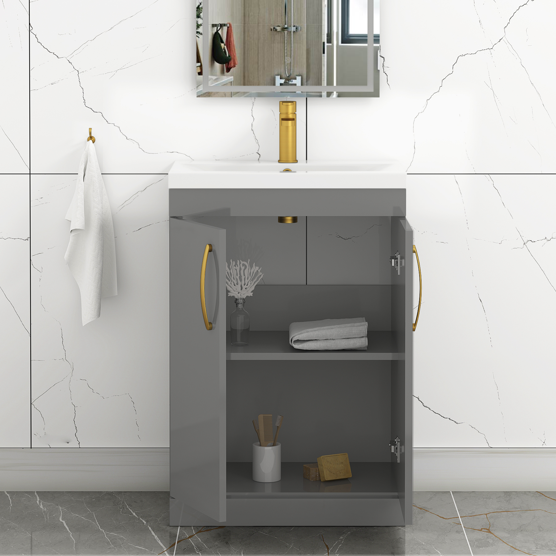 Turin 600mm Floor Standing Vanity Sink Unit Indigo Grey Gloss 2 Door - Mid-Edge with Brushed Brass Handle