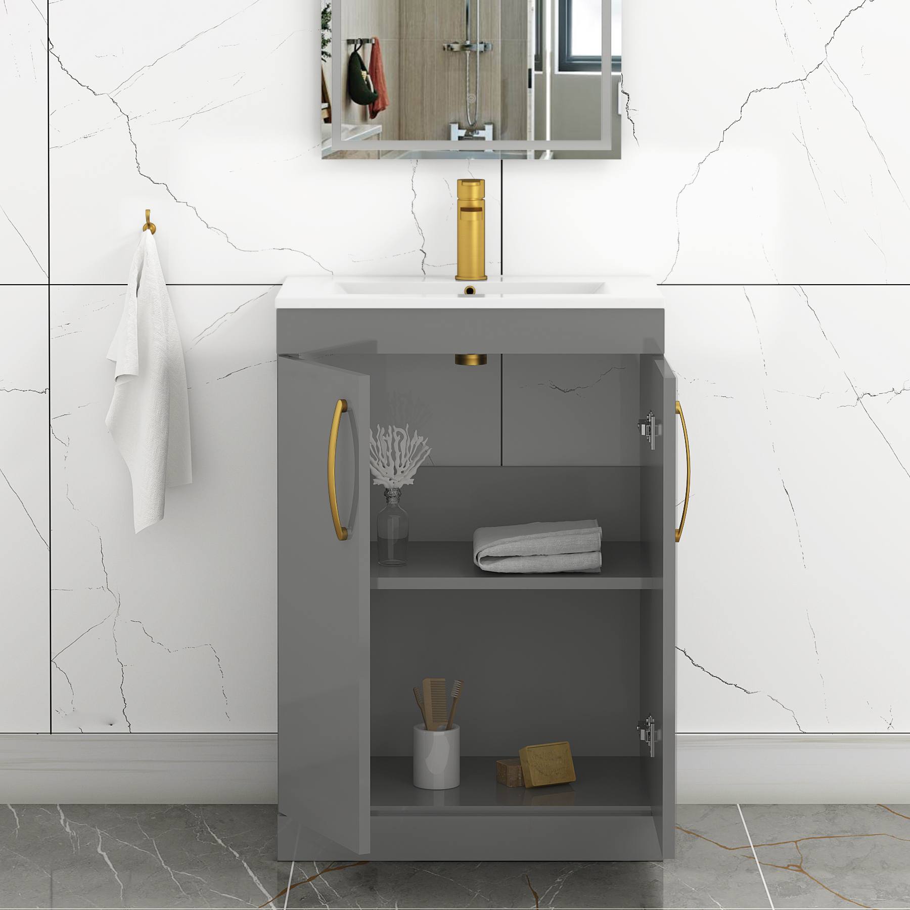 Turin 600mm Floor Standing Vanity Sink Unit Indigo Grey Gloss 2 Door - Minimalist with Brushed Brass Handle