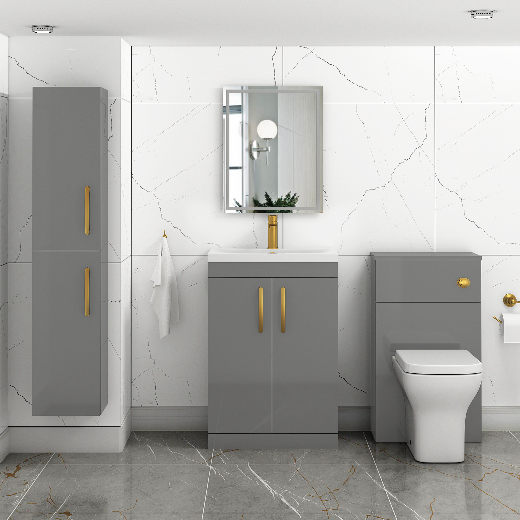 Turin 600mm Floor Standing Vanity Sink Unit Indigo Grey Gloss 2 Door - Mid-Edge with Brushed Brass Handle