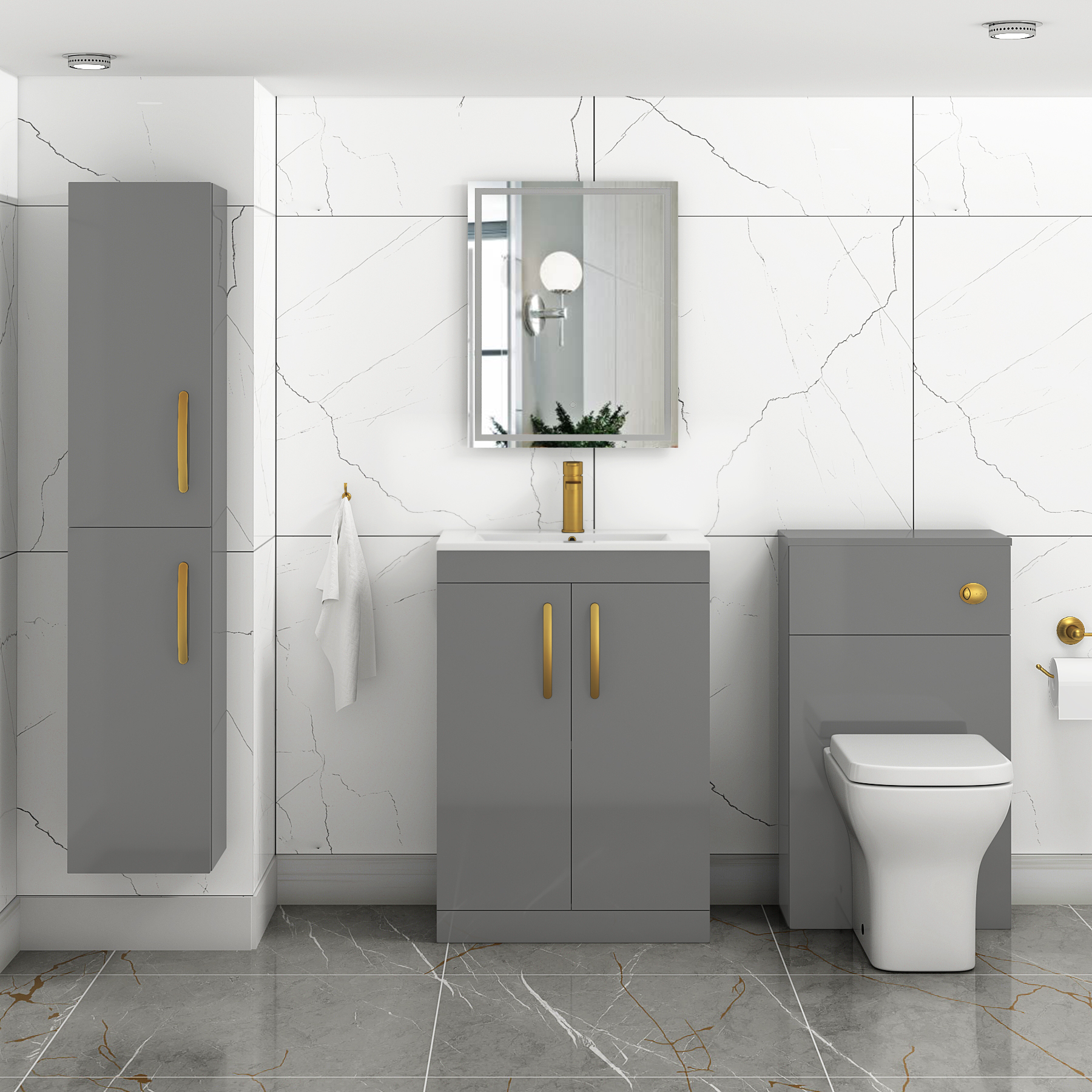 Turin 600mm Floor Standing Vanity Sink Unit Indigo Grey Gloss 2 Door - Minimalist with Brushed Brass Handle