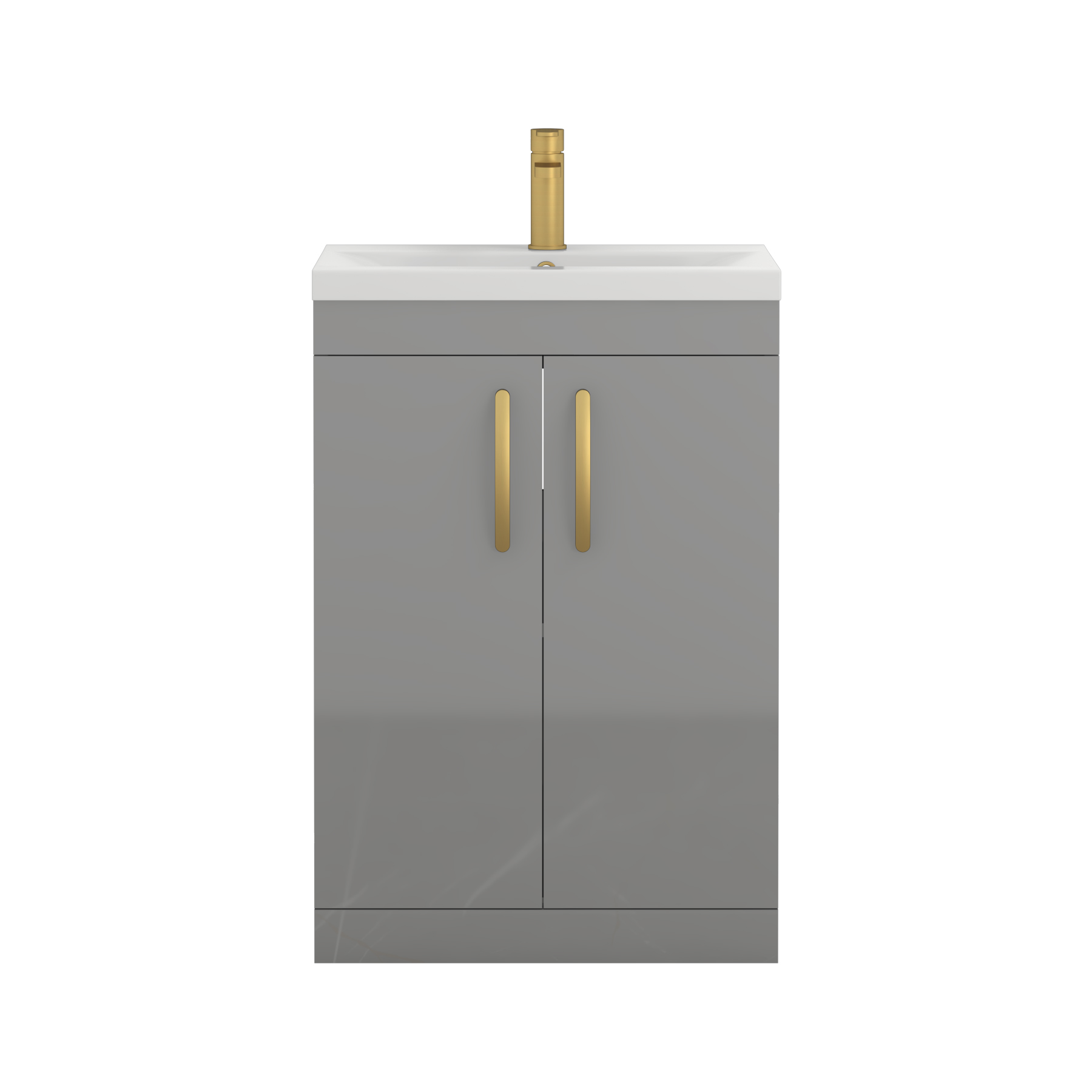 Turin 600mm Floor Standing Vanity Sink Unit Indigo Grey Gloss 2 Door - Mid-Edge with Brushed Brass Handle