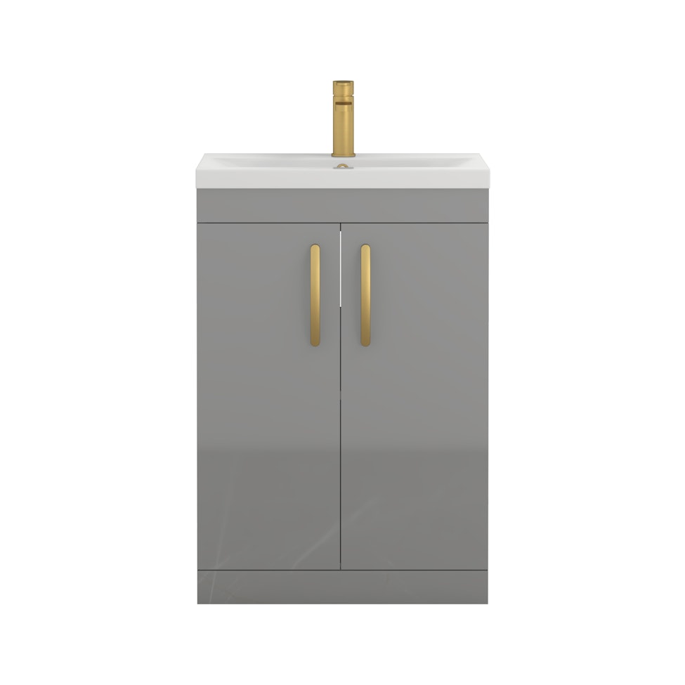 Turin 600mm Floor Standing Vanity Sink Unit Indigo Grey Gloss 2 Door - Mid-Edge with Brushed Brass Handle