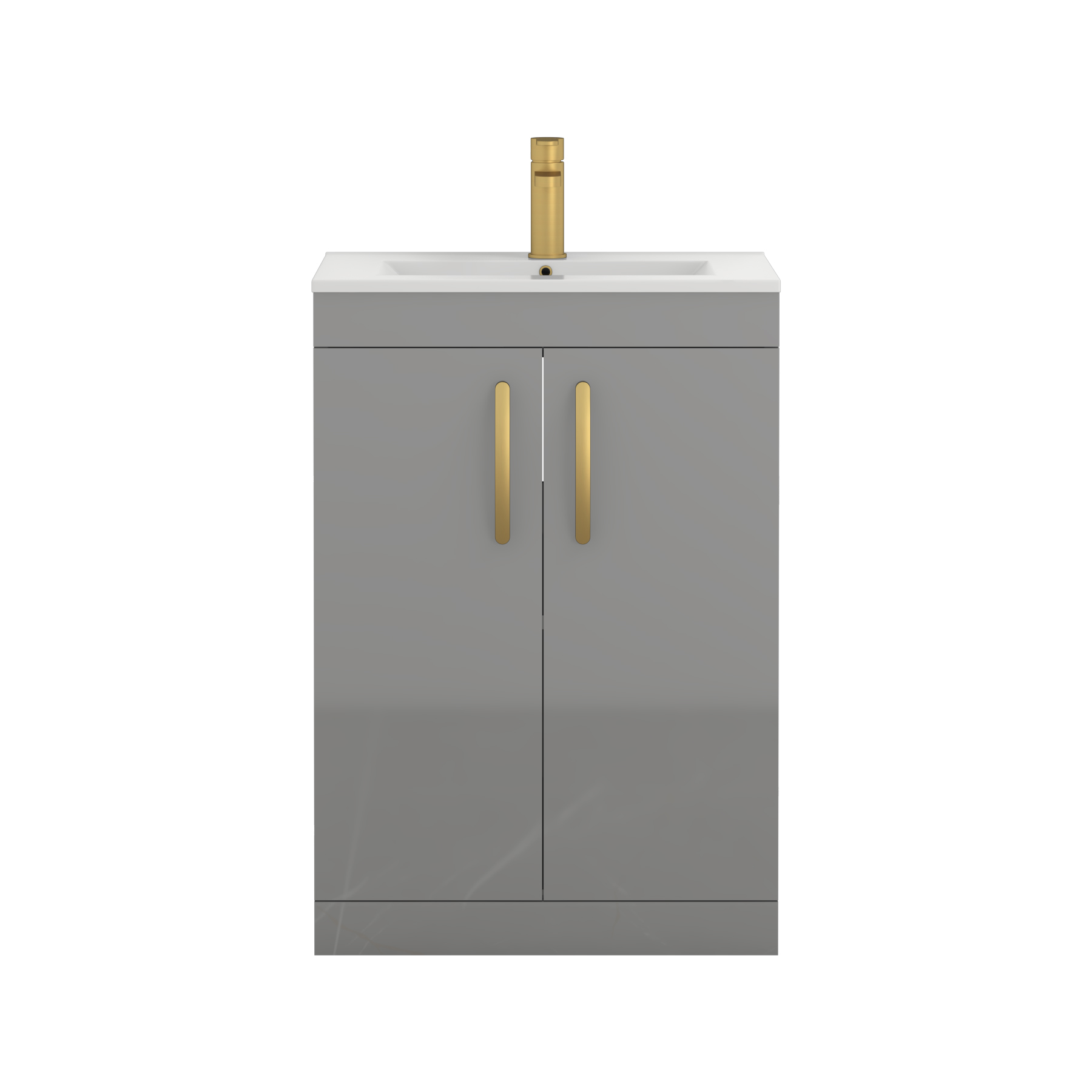 Turin 600mm Floor Standing Vanity Sink Unit Indigo Grey Gloss 2 Door - Minimalist with Brushed Brass Handle