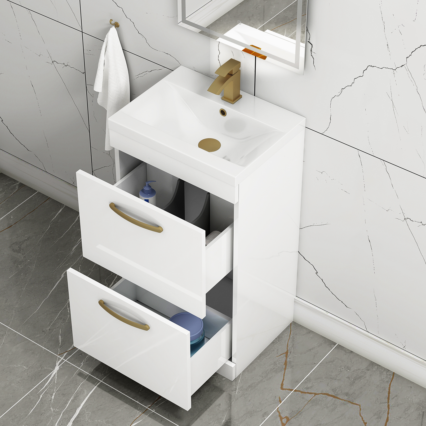 Turin 500mm Floor Standing Vanity Unit Gloss White 2 Drawer Mid-Edge Basin Unit with Brushed Brass Handle