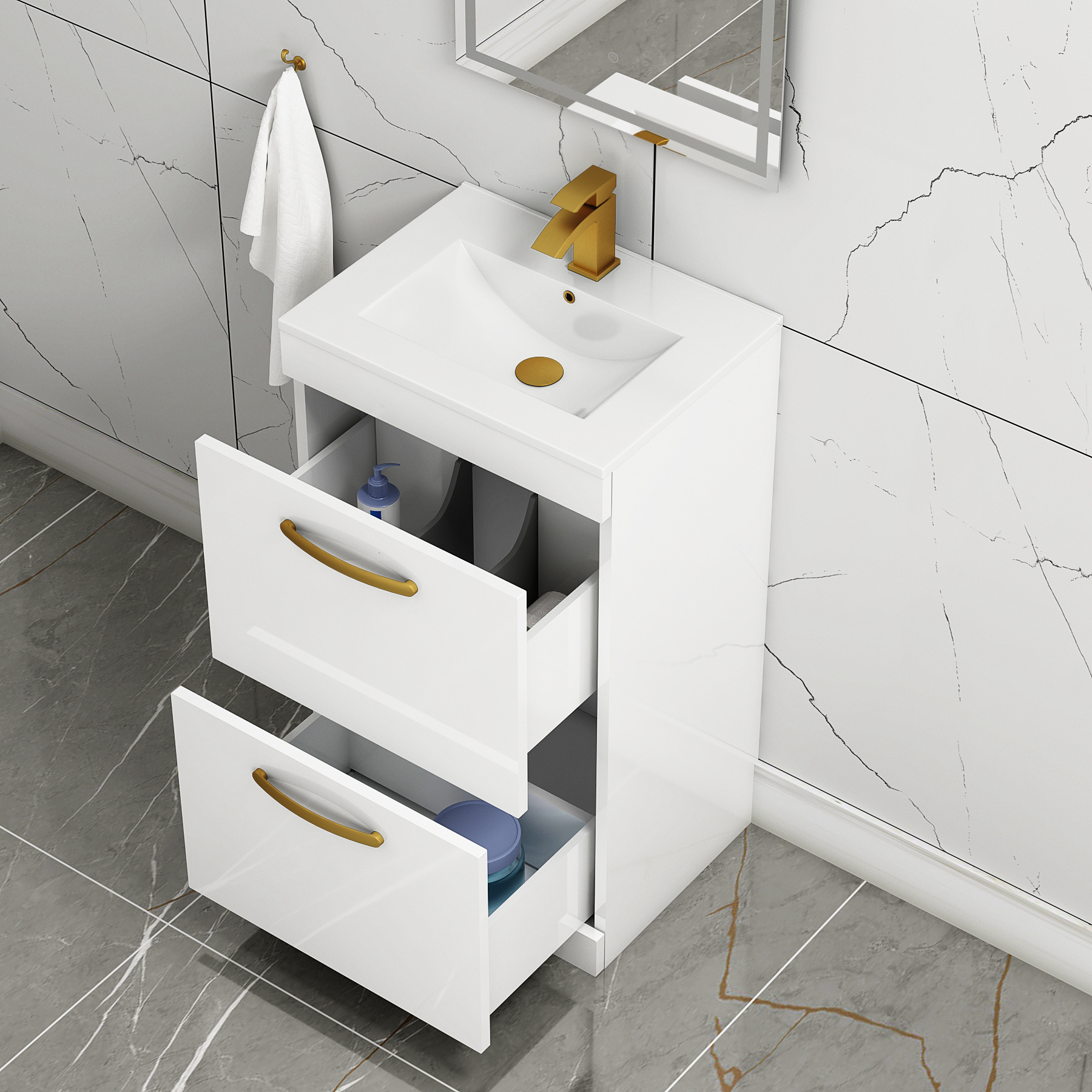 Turin 500mm Floor Standing Vanity Unit Gloss White 2 Drawer Minimalist Basin Unit with Brushed Brass Handle