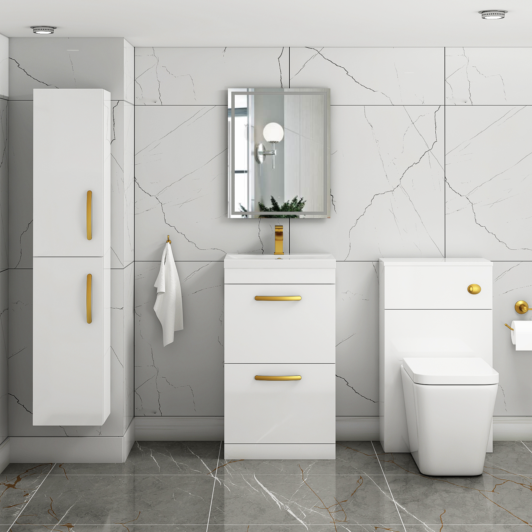 Turin 500mm Floor Standing Vanity Unit Gloss White 2 Drawer Mid-Edge Basin Unit with Brushed Brass Handle