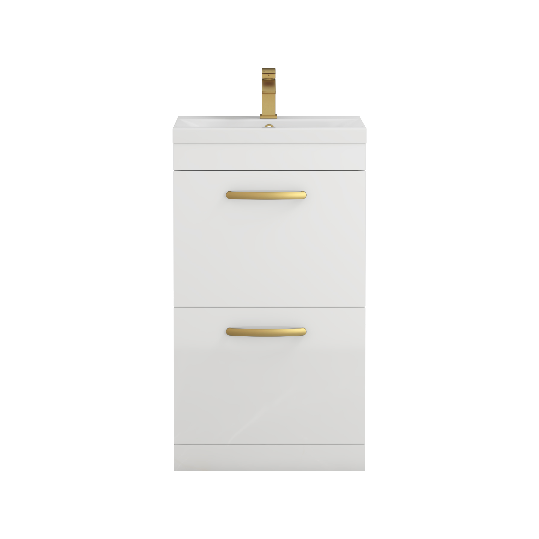 Turin 500mm Floor Standing Vanity Unit Gloss White 2 Drawer Mid-Edge Basin Unit with Brushed Brass Handle