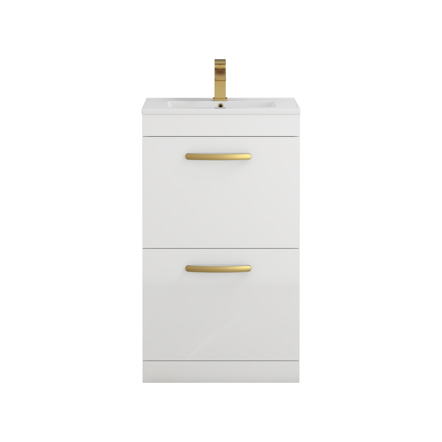 Turin 500mm Floor Standing Vanity Unit Gloss White 2 Drawer Minimalist Basin Unit with Brushed Brass Handle