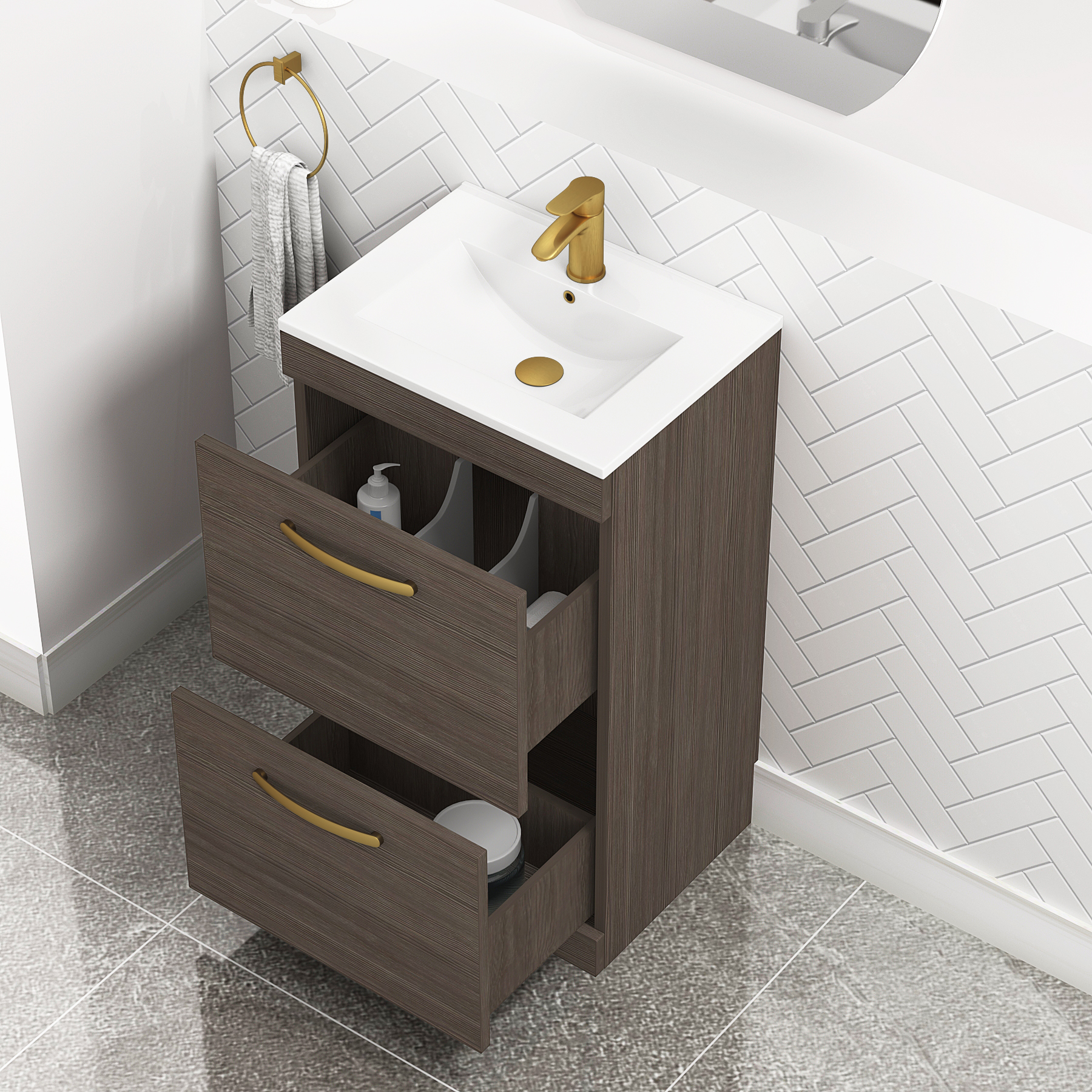Turin 500mm Floor Standing Vanity Unit Grey Elm 2 Drawer Minimalist Basin Unit with Brushed Brass Handle