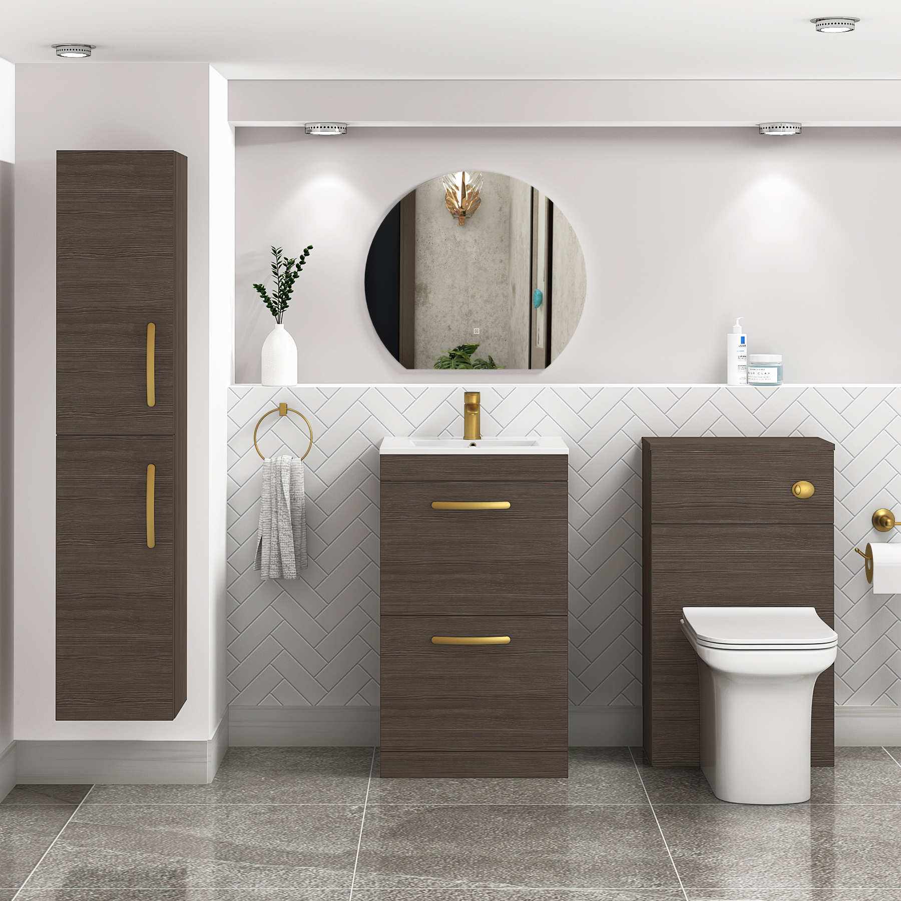 Turin 500mm Floor Standing Vanity Unit Grey Elm 2 Drawer Minimalist Basin Unit with Brushed Brass Handle